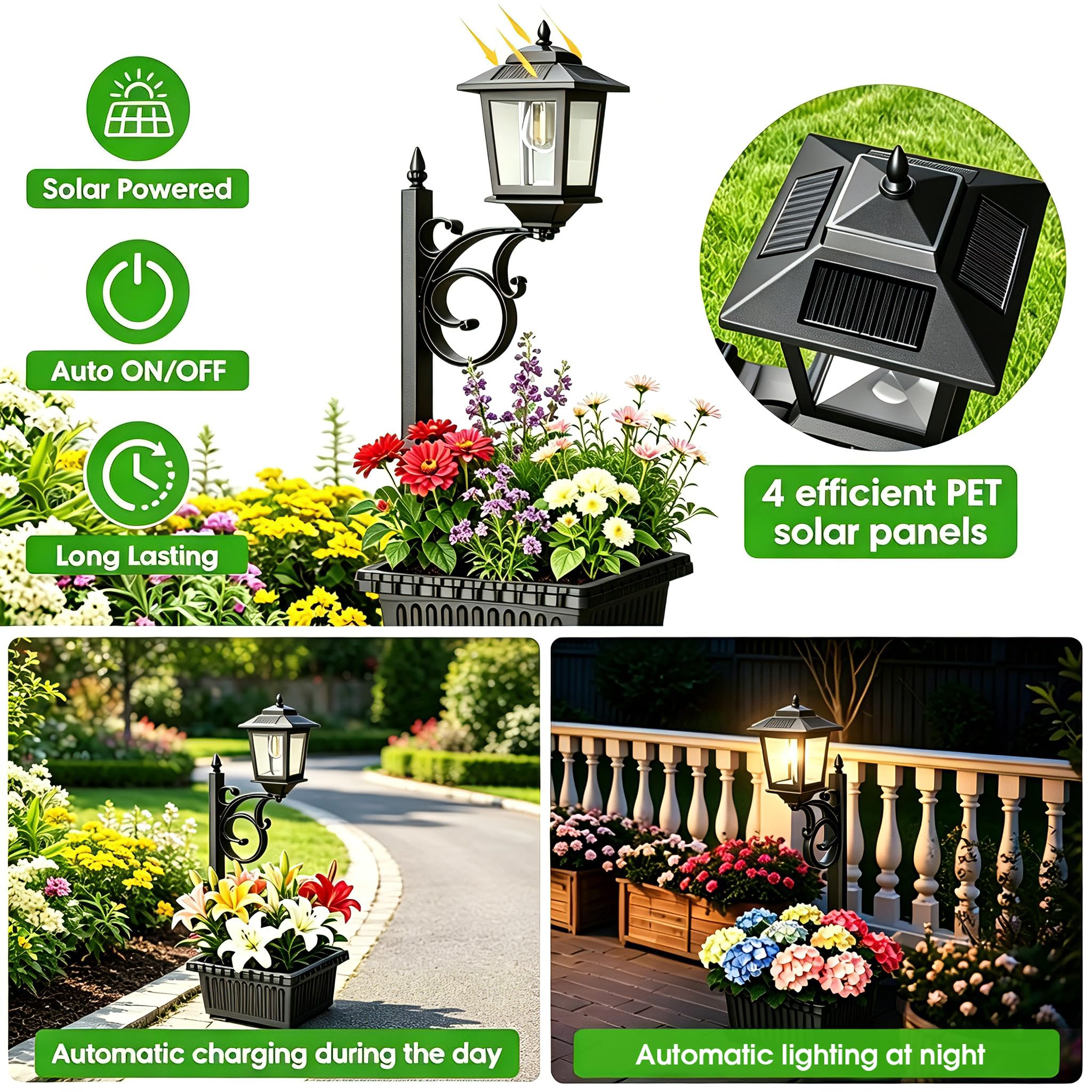 Melunar Outdoor Flower Pots 2 in 1, Solar Post Lamps Waterproof, Solar Lamp Post Lights, Wall Mount or Freestanding, Outdoor Decorative Lamp for Garden, Patio, Front Porch, Back Door, Warm White. - 5