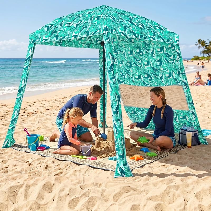 HOMEDEMO Cabaña de playa de 6'×6', tienda de campaña con dosel de playa, fácil de instalar y desmontar con bolsillos para arena, ancla de arena grande, pared lateral alargada para arena, hojas verdes