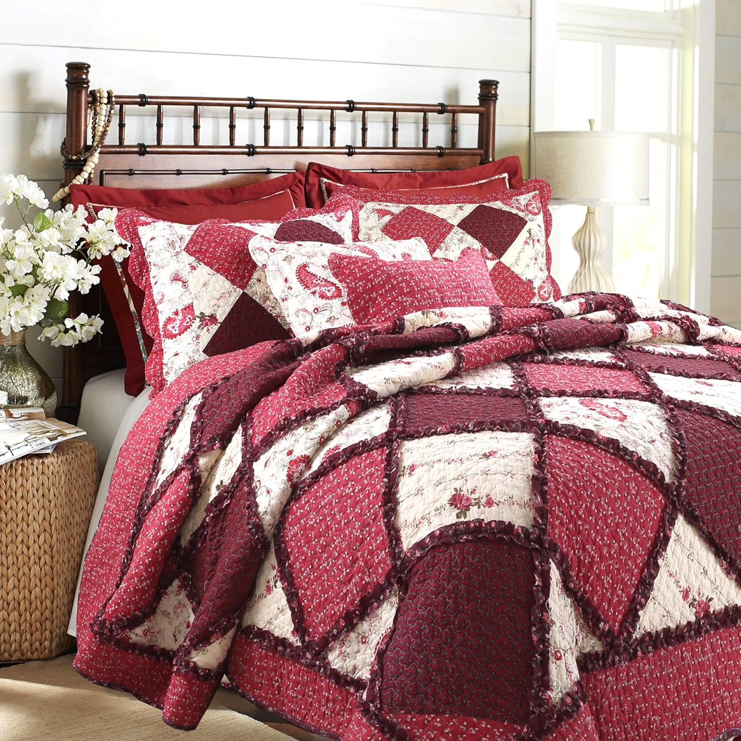 Rich Red Rose Floral Paisley 3-Piece Patchwork Ruffle Scalloped Vintage Farmhouse Cotton Reversible Queen Quilt Bedding Set by Cozy Line Home Fashions