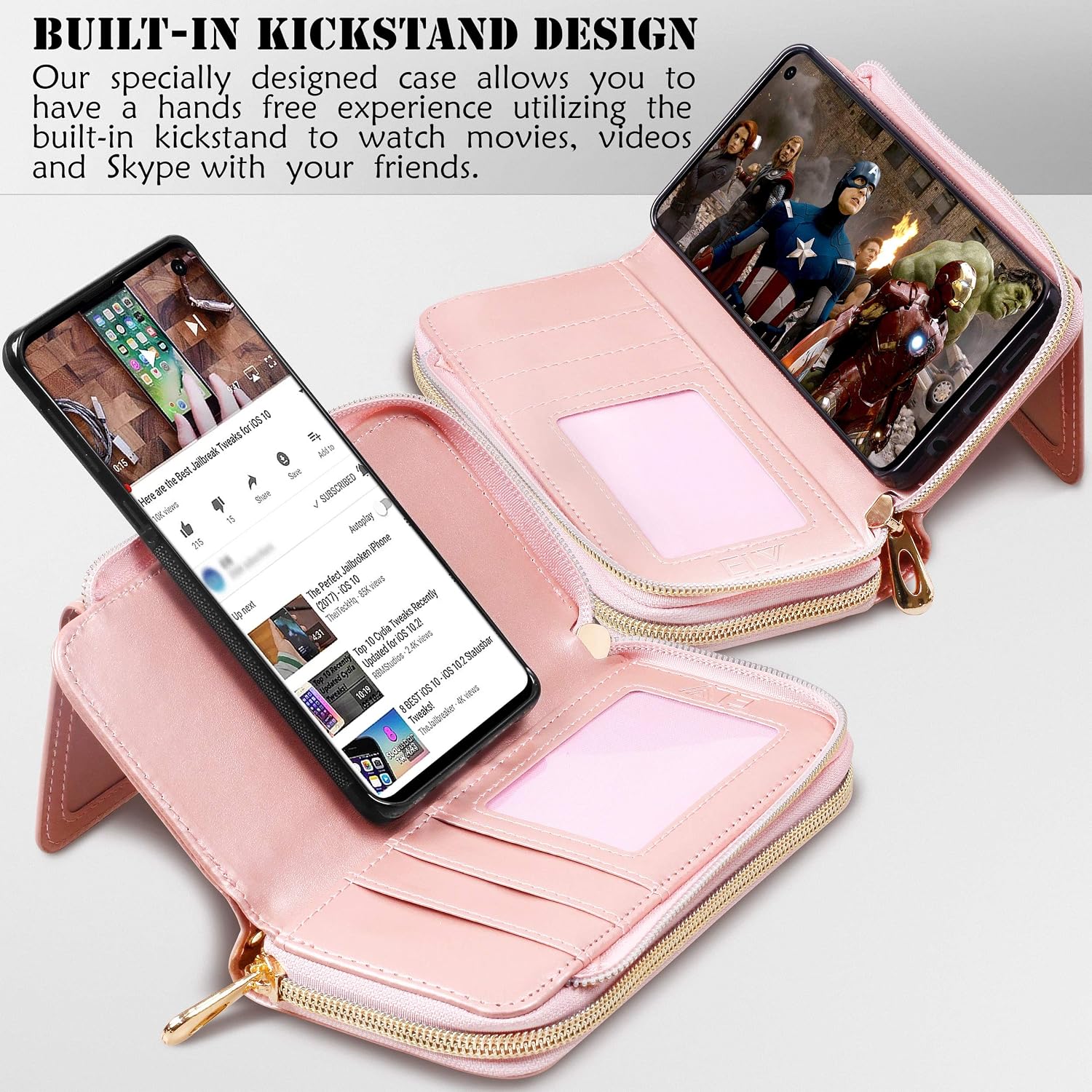 ELV PU Vegan Leather Handcrafted Wallet Purse Case for Galaxy S10, Flip Folio Case with (Kickstand Function) and (Card Slots) for Galaxy S10 (6.1inch) (Rose Gold, Samsung S10)