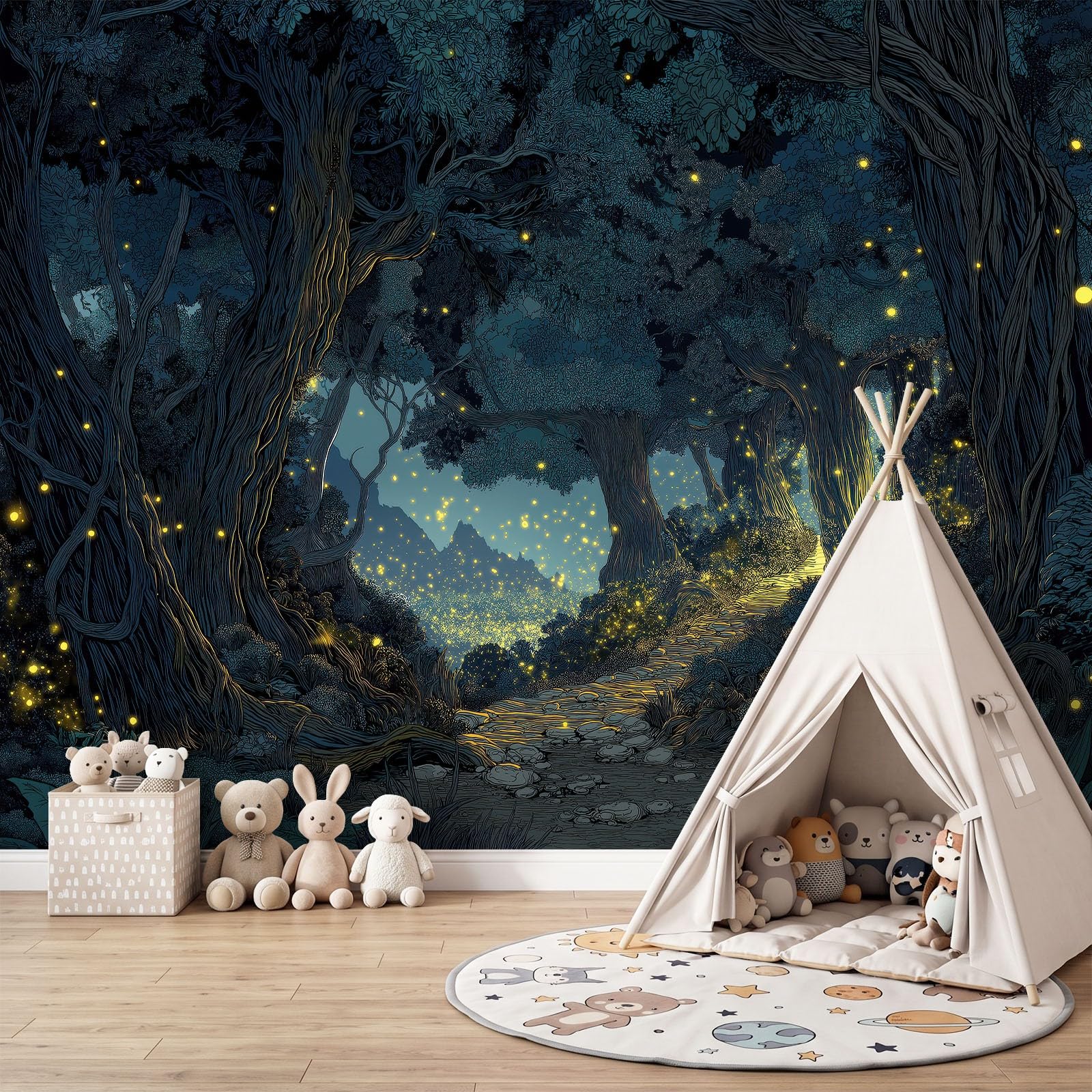 Générique Tapeta 3D panoramiczny obraz ścienny 350 x 256 cm fantazja magia las świetliki tapeta gobelin panoramiczny plakat salon dekoracja ścienna do pokoju dziecięcego, niebieski szary