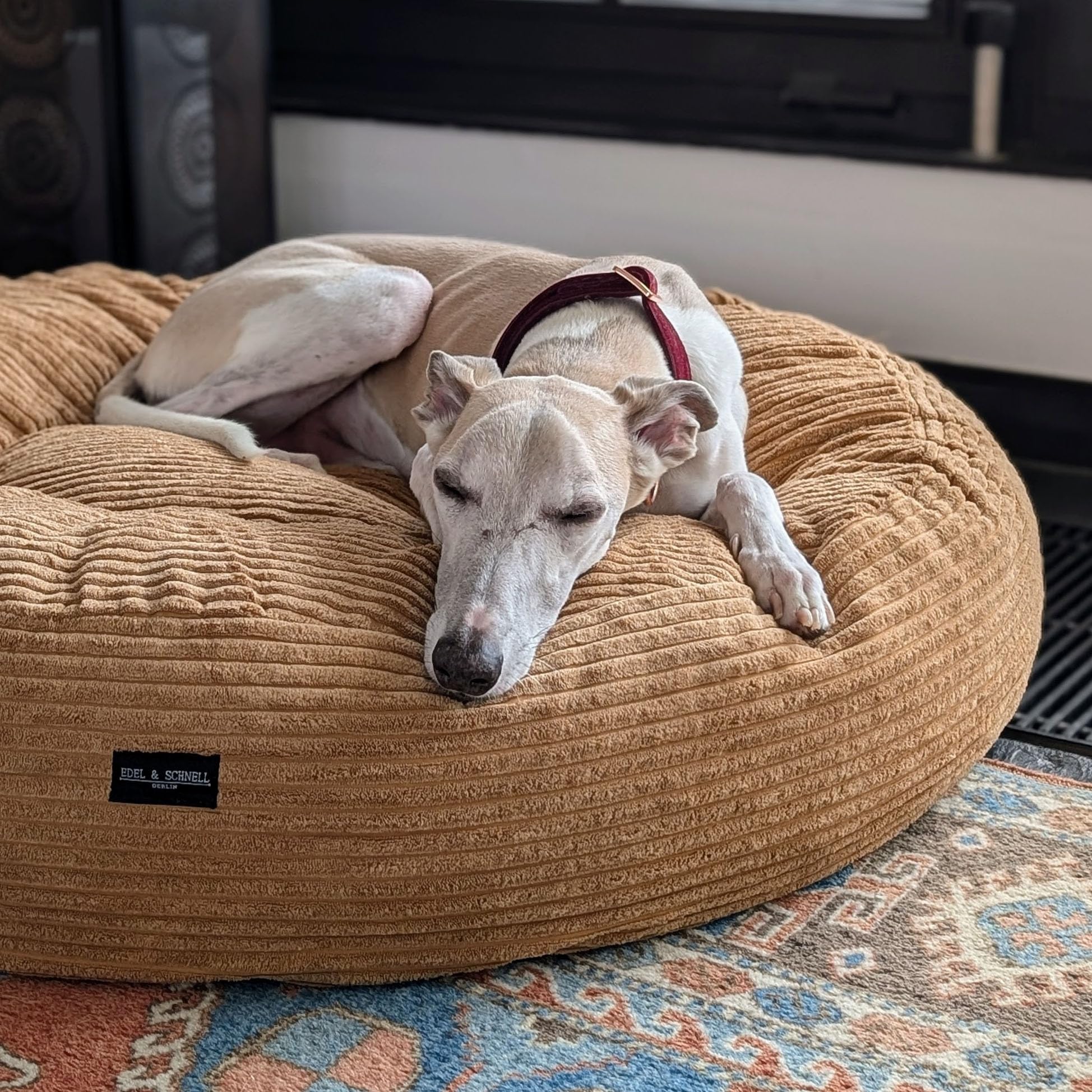 EDEL&SCHNELL orthopädisches Hundebett handgefertigt rund in der Farbe Sand mit robuster Cord Oberfläche, Whippet Greyhound Galgo Hundebett waschbar, 125 cm Durchmesser