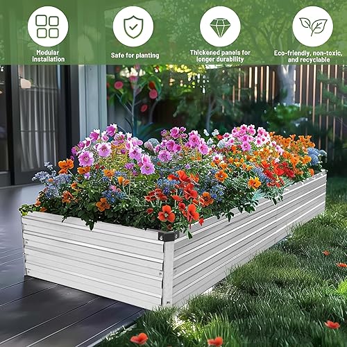 Miniatura 4 de Vengarus Cama de jardín elevada galvanizada de 9 x 3 x 1 pies, jardinera para exteriores, para verduras, cama de jardín de metal con esquina, maceta