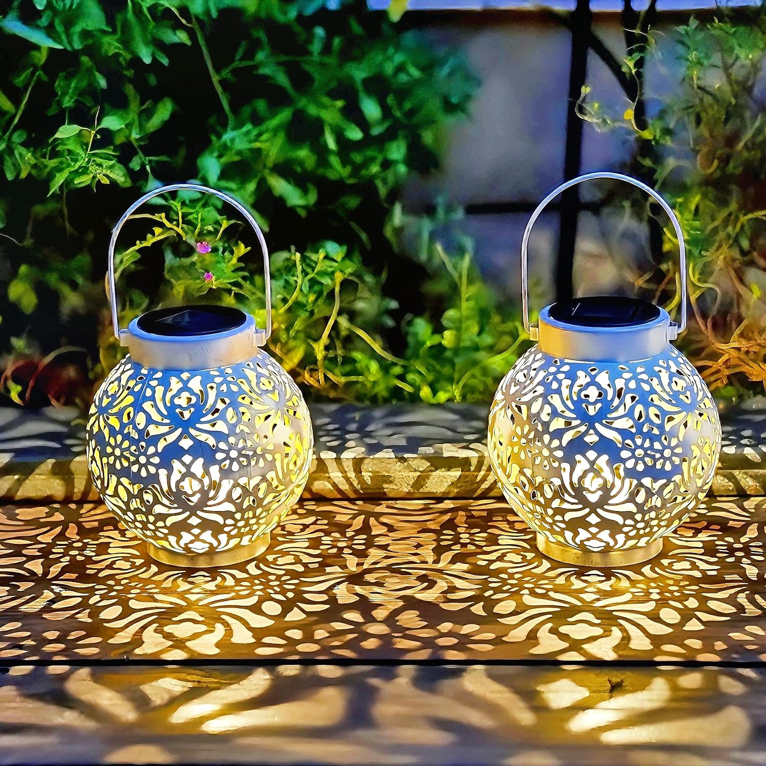 2 Pack Outdoor Solar Hanging Lantern Lights Metal LED Decorative Lamp for Garden Patio Courtyard Lawn and Table with Hollowed-Out Design (White)