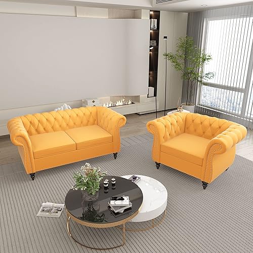 Miniatura 37 de QHITTY Juego de 2 piezas para sala de estar, Sofá Seccional Chesterfield Silla Contemporáneo Tapizado de Terciopelo Loveseat Juego de Sofás para