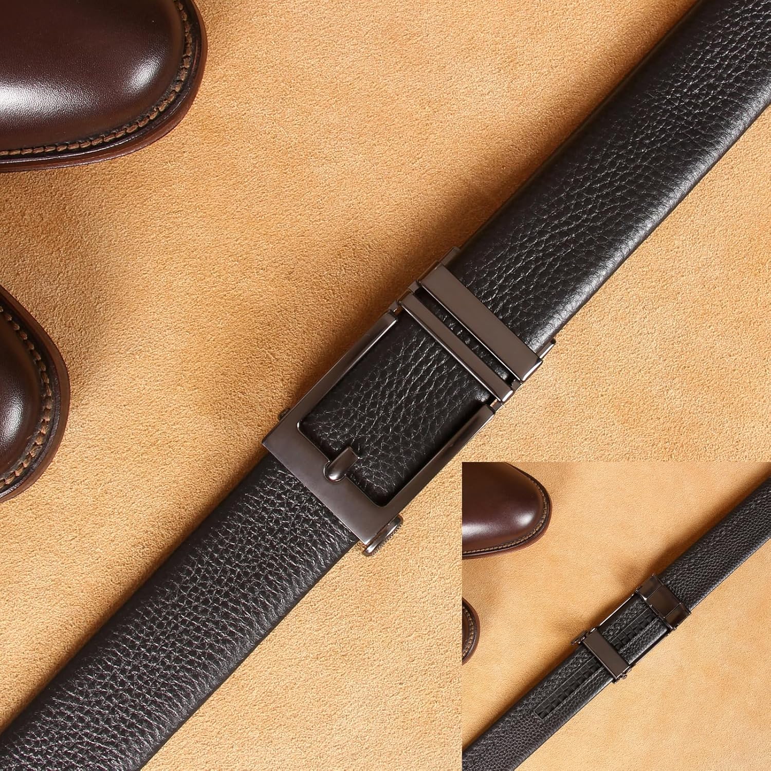 Men's Leather Ratchet Belt 1 3/8" Genuine Leather Automatic Buckle Dress & Casual Trim to Fit - Image 4