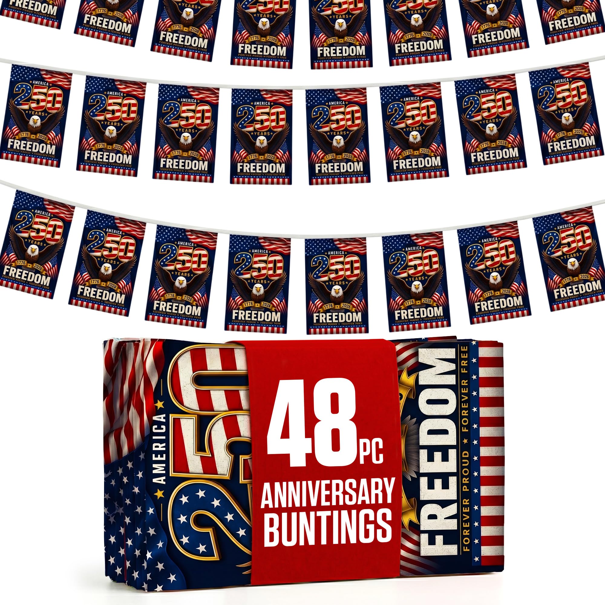 USA 250 Years of Freedom Flag Bunting 48Pcs Flags 14x21cm - 49ft double-sided Printed with Polyester Rope - 1776-2026 Banner For 4th of July 250th Anniversary & Memorial Day Décor