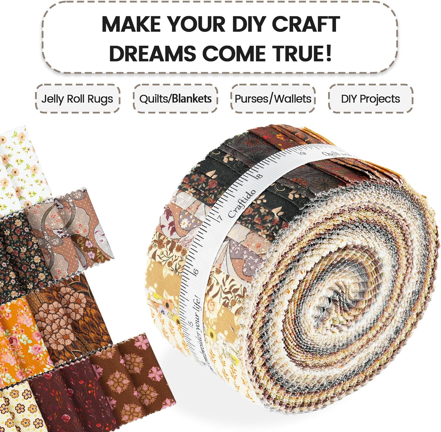 Craftido-18 Options-100% Cotton Jelly Roll Fabric Precut Strips for Quilting, Crafting, and Sewing, 40 Strips 2.5" x 44" Assorted Bundles for Rug, Quilt Project, DIY Craft and Home Decor-Autumn Bounty