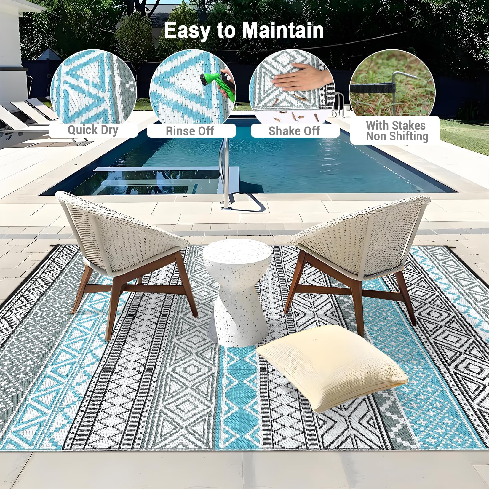 Tappeto da esterno impermeabile 150 x 240 cm reversibile in paglia di plastica per patio campeggio tappeto moquette geometrico per interni ed esterni camper tappeto moquette per cortile, terrazza
