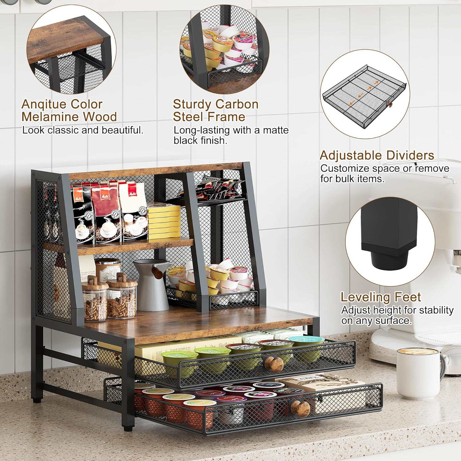 TQVAI Coffee Bar Organizer, Maximize Small Countertop Space, 70 Standard Capsules Capacity with Sliding Pods Drawer, 4-Tier Coffee Station Organizer for Home Kitchen Office Commercial