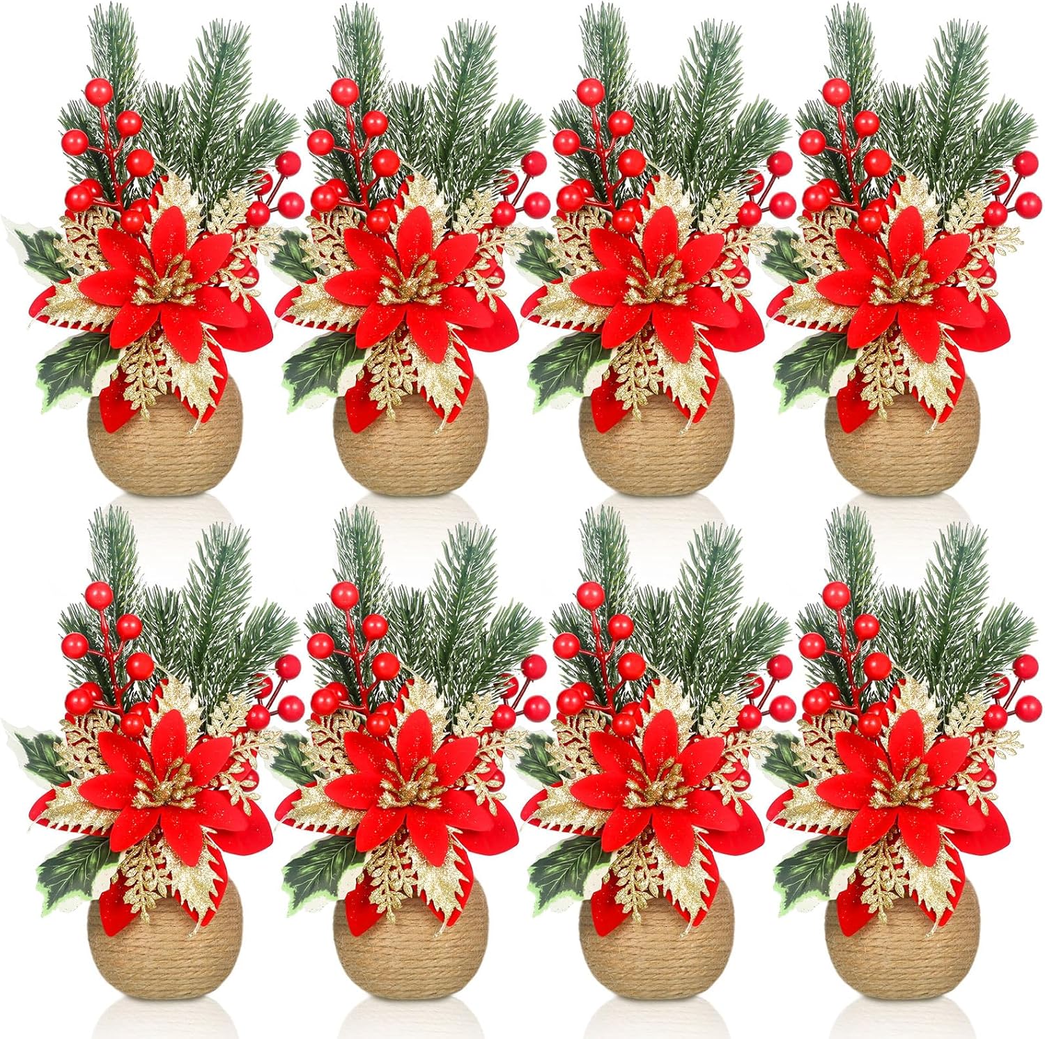 Zeyune 8 Pcs Christmas Poinsettias Artificial Christmas Flowers Floral Red Table Top Pinecone Poinsettia and Holly Berries Silk Flower Arrangements Decorative Pot Greenery Holiday Xmas Home Decor