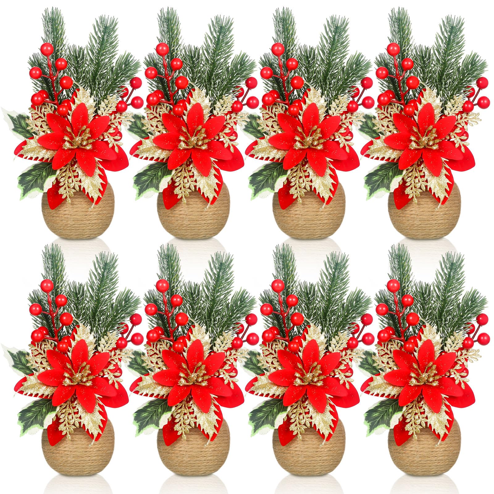 Zeyune Künstliche Weihnachtssterne mit roten Tannenzapfen, Weihnachtsstern und Stechpalmenbeeren, Seidenblumenarrangements, dekorativer Topf, Grün, Urlaub, Heimdekoration, 8 Stück