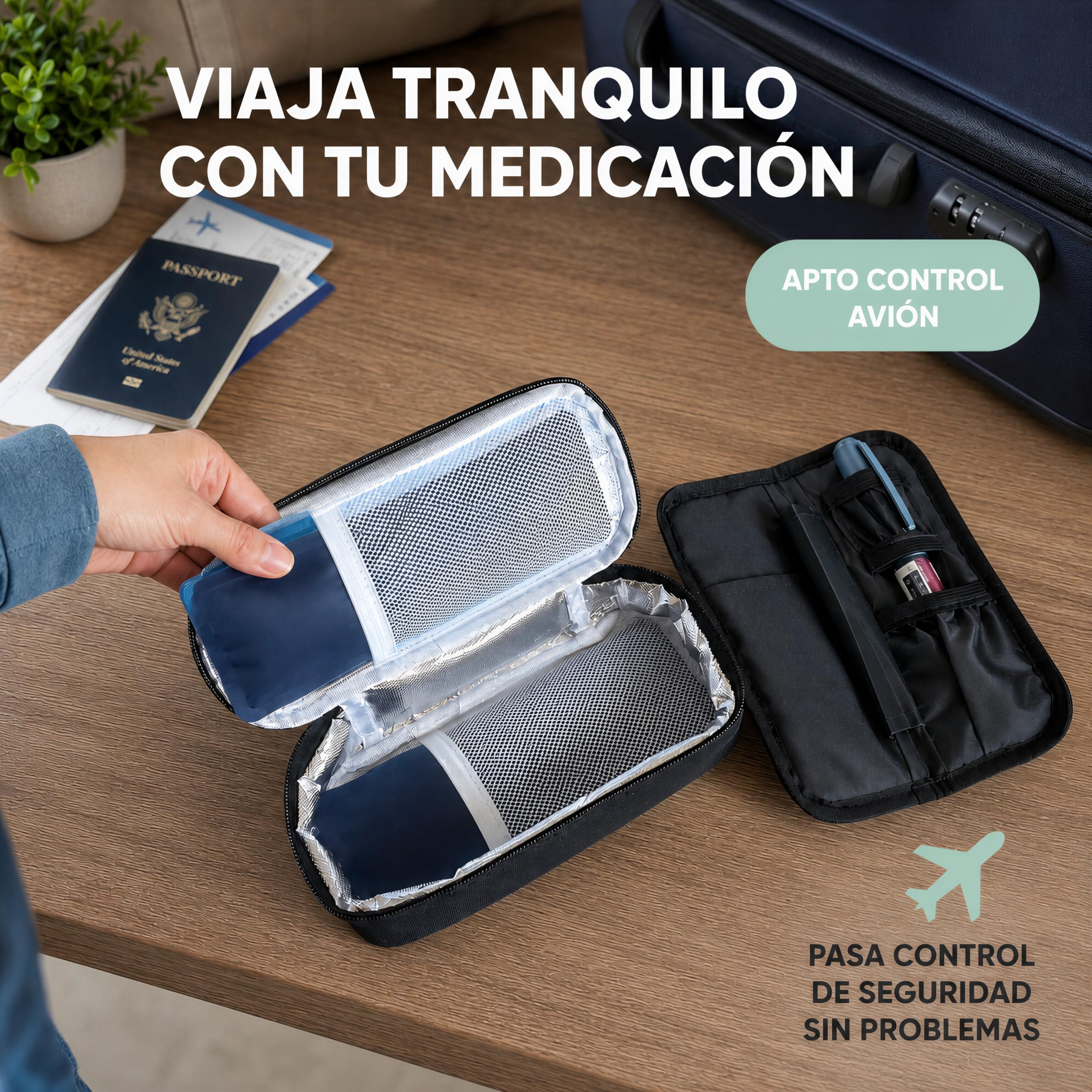 Nevera Insulina Portátil — Estuche Frío para Insulina y Medicamentos, Bolsa Isotérmica Viaje 21x9x6cm con Porta Plumas, Bolsa de Hielo Reutilizable, Forro Aluminio para Diabéticos (Negro)