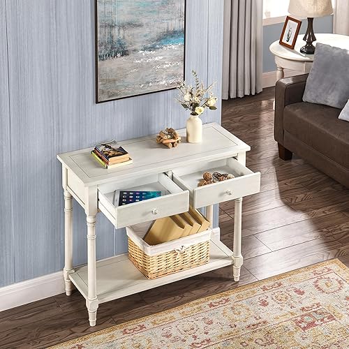 Miniatura 3 de Mesa de entrada consola de madera maciza con 2 cajones, 35.54 pulgadas de largo x 30 pulgadas de alto x 13.78 pulgadas de ancho, mesa de sofá