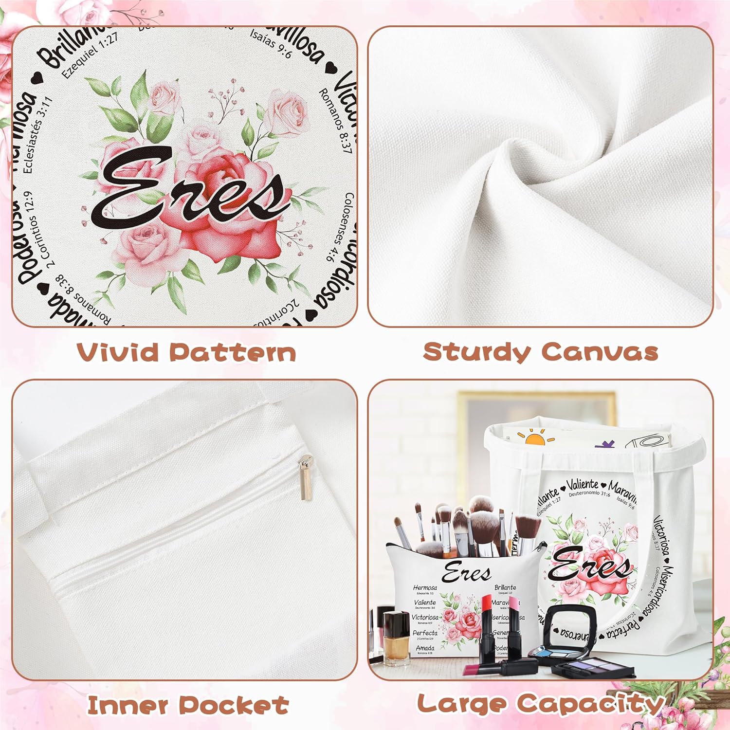 Y1tvei Spanish Christian Gifts For Women - 3Pcs Flower Spanish Bible Verse Canvas Tote Bag with Keychain Inspirational Christian Religious Makeup Cosmetic Bag Spiritual Catholic Gifts for Women Faith - Image 5