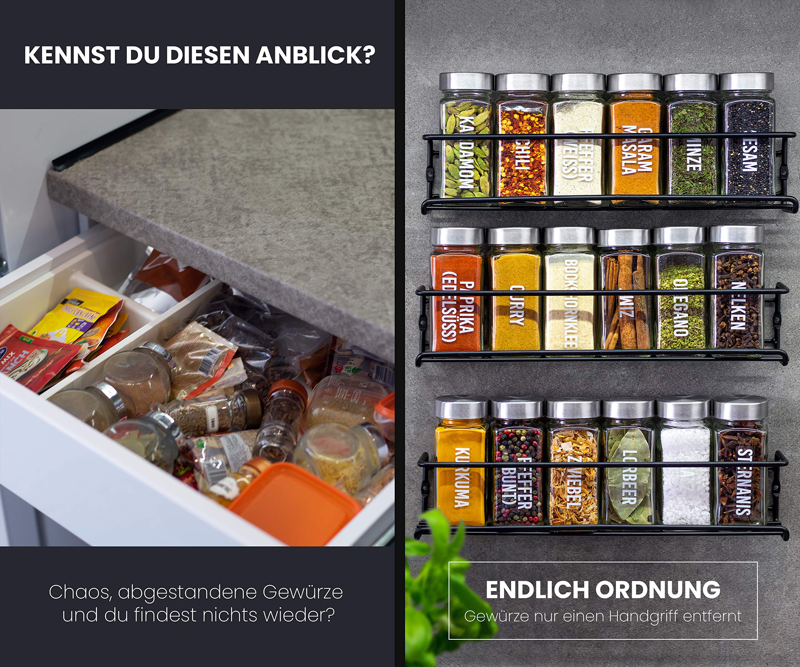 Gewürzregal Mit 18 Gläsern - Zum Aufhängen für Wand & Schranktür - Ohne Bohren - Hängend, Gewürz Organizer