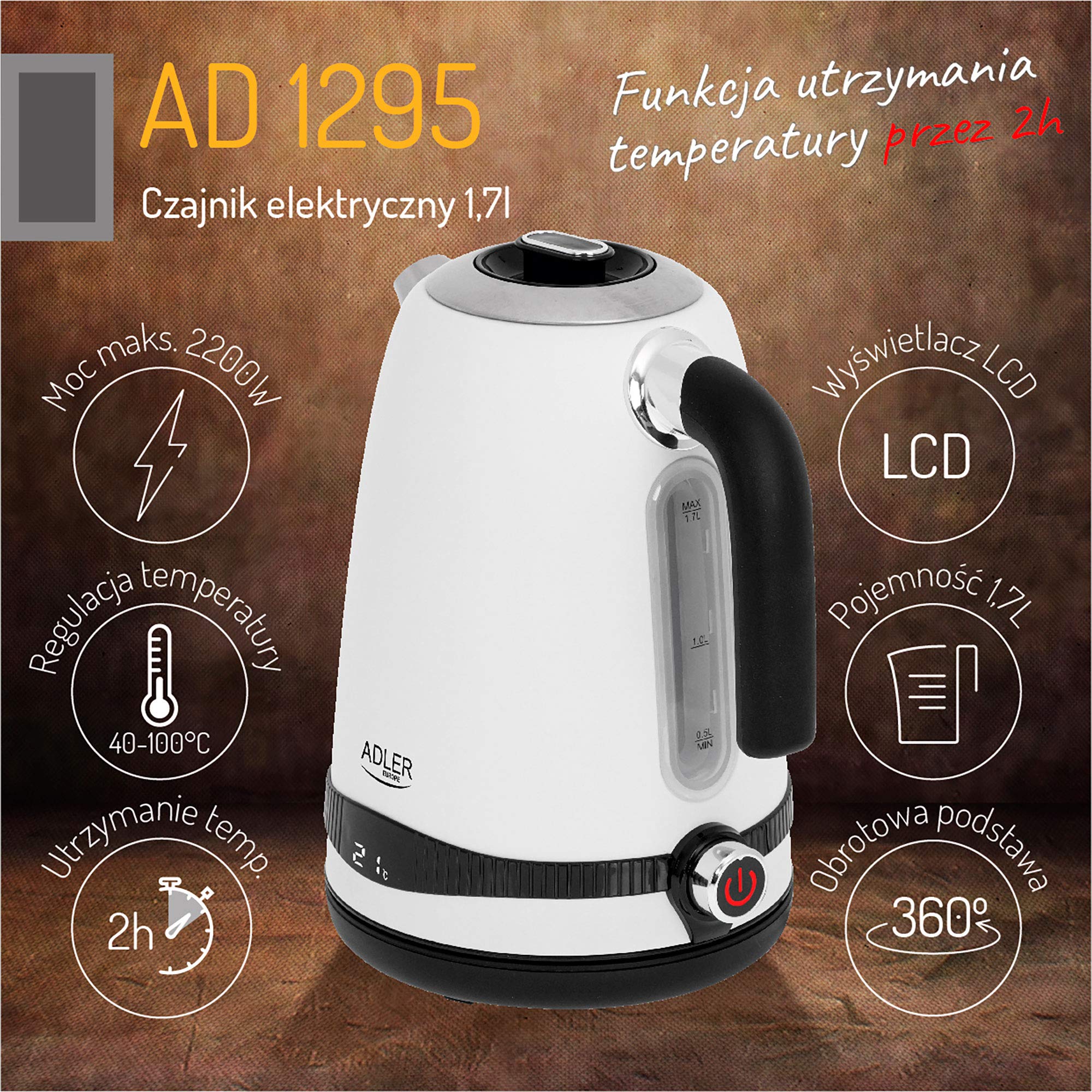 Adler - Bollitore ad 1295 W SS bianco satinato 1,7 L con display LCD e regolazione della temperatura