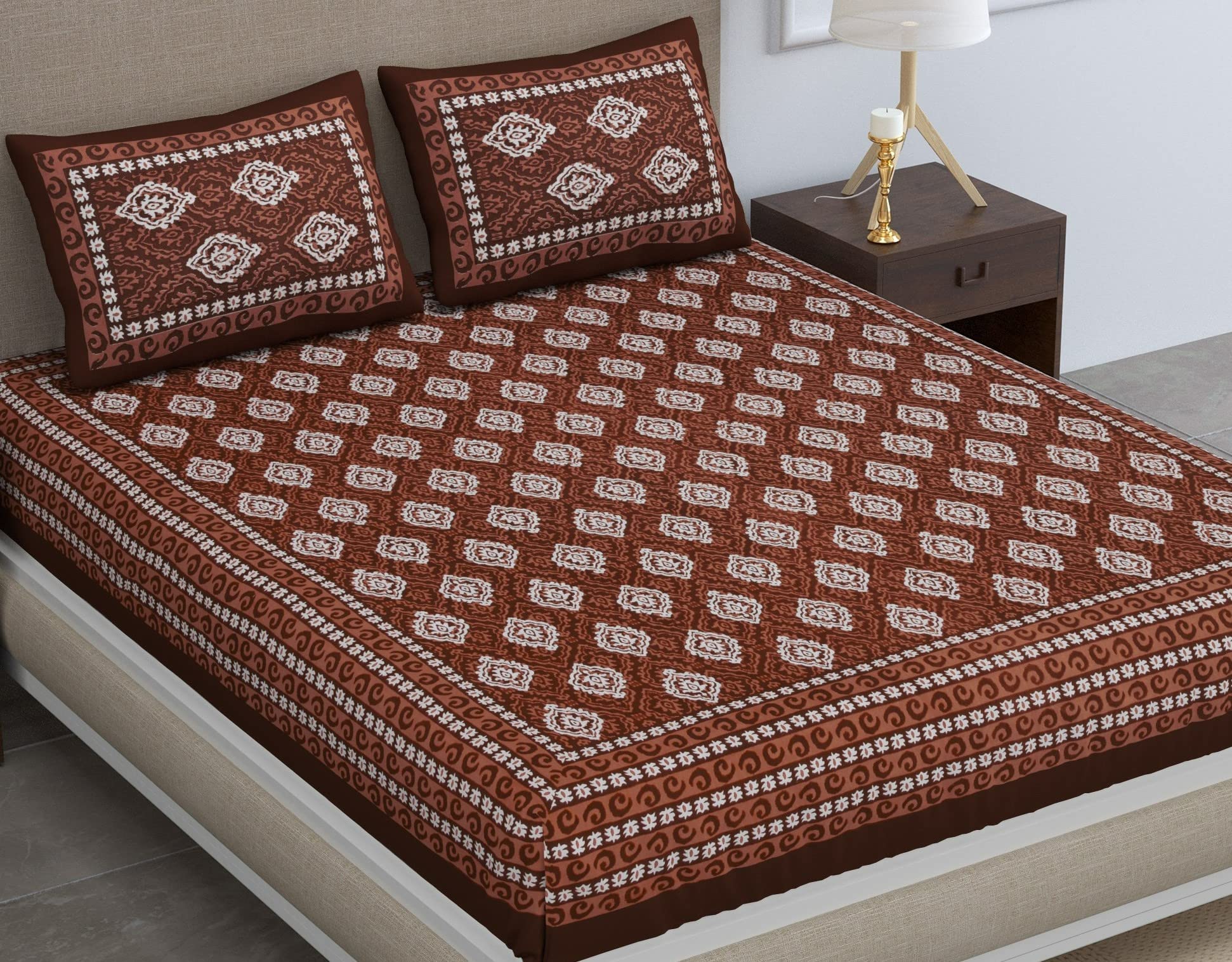 SheetKart Dabu Motif Cotton Double Bedsheet Jaipuri Printed Bed Cover with 2 Pillow Covers - Brown (B09XBCBNX4) Amazon Price History, Amazon Price Tracker