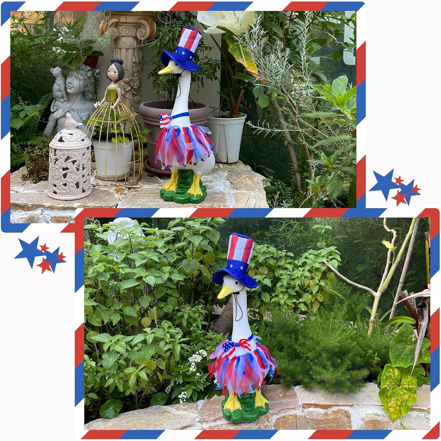 Porch Goose Statue with 4th of July Outfit – 20″ Goose Lawn Ornament Garden Outdoor Decor with American Flag Independence Day Goose Outfit Set, Funny Holiday Yard Decoration