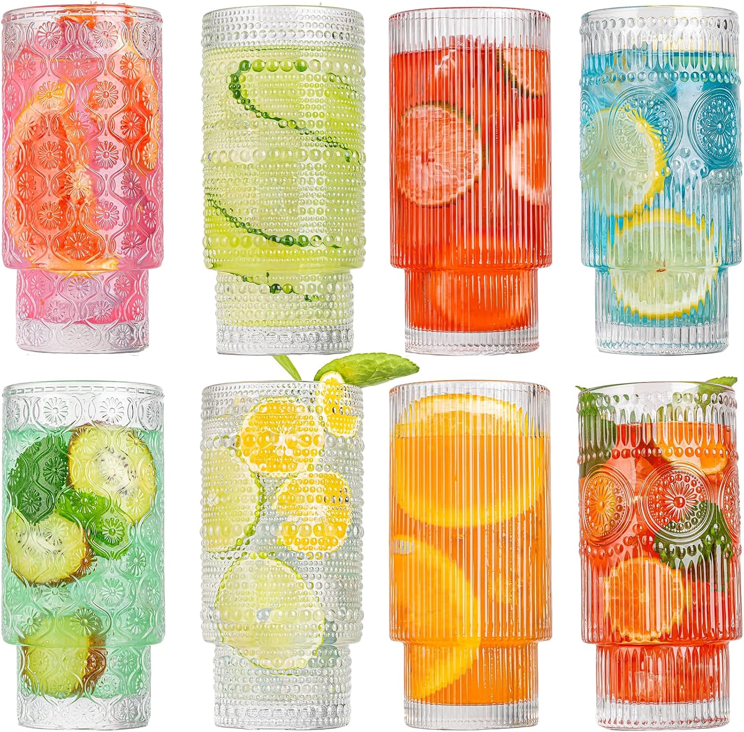 Drinking Glasses, 16oz Origami Style Glass Cups with straw, 8 pcs Highball Glasses, Stackable Vintage Glassware, Ribbed Glasses, Iced Coffee Glasses Ideal for Cocktail Whiskey, Juice