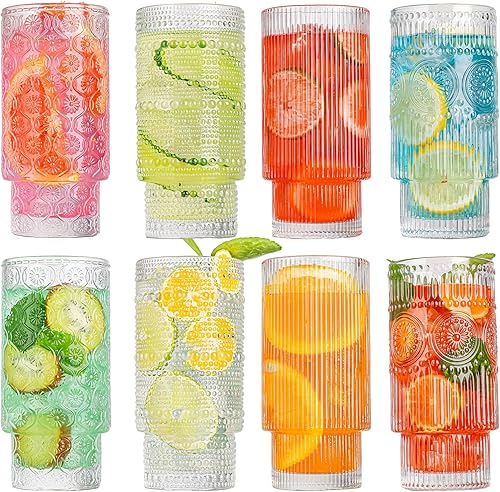 Vasos para beber, vasos de vidrio estilo origami de 16 onzas con pajita, 8 vasos altos, cristalería vintage apilable, vasos acanalados, vasos de