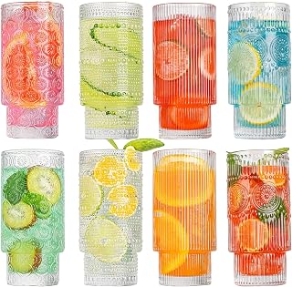 Drinking Glasses, 16oz Origami Style Glass Cups with straw, 8 pcs Highball Glasses, Stackable Vintage Glassware, Ribbed Glasses, Iced Coffee Glasses Ideal for Cocktail Whiskey, Juice