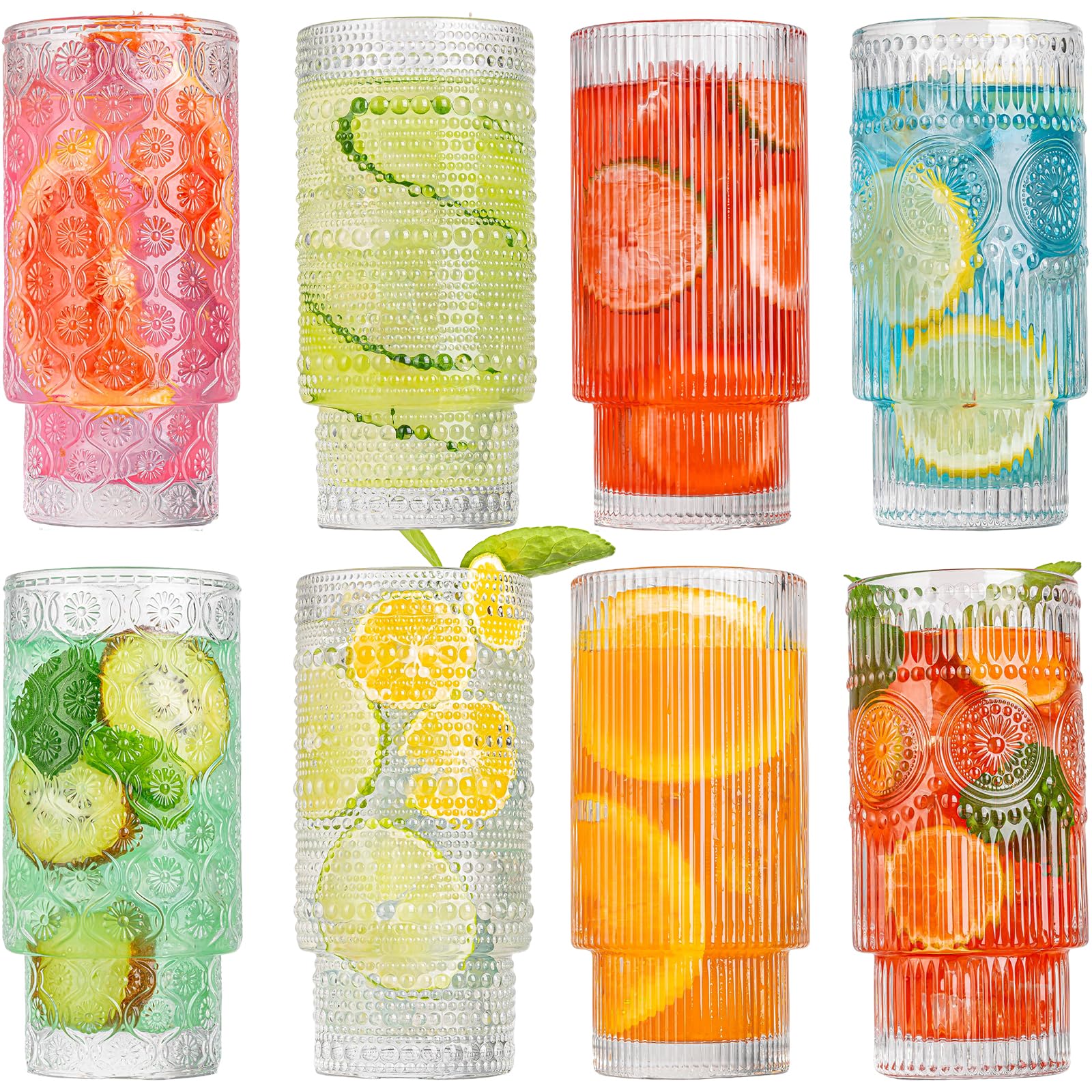 Trinkgläser, Origami-Stil, Glasbecher mit Strohhalm, 473 ml, 12 Stück Highball-Gläser, stapelbare Vintage-Glaswaren, gerippte Gläser, Eiskaffeegläser ideal für Cocktail, Whiskey, Saft