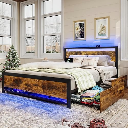 Miniatura 3 de Base de cama de tamaño matrimonial con almacenamiento y 4 cajones, marco de cama LED rústico con cabecera y estación de carga, marco de cama de