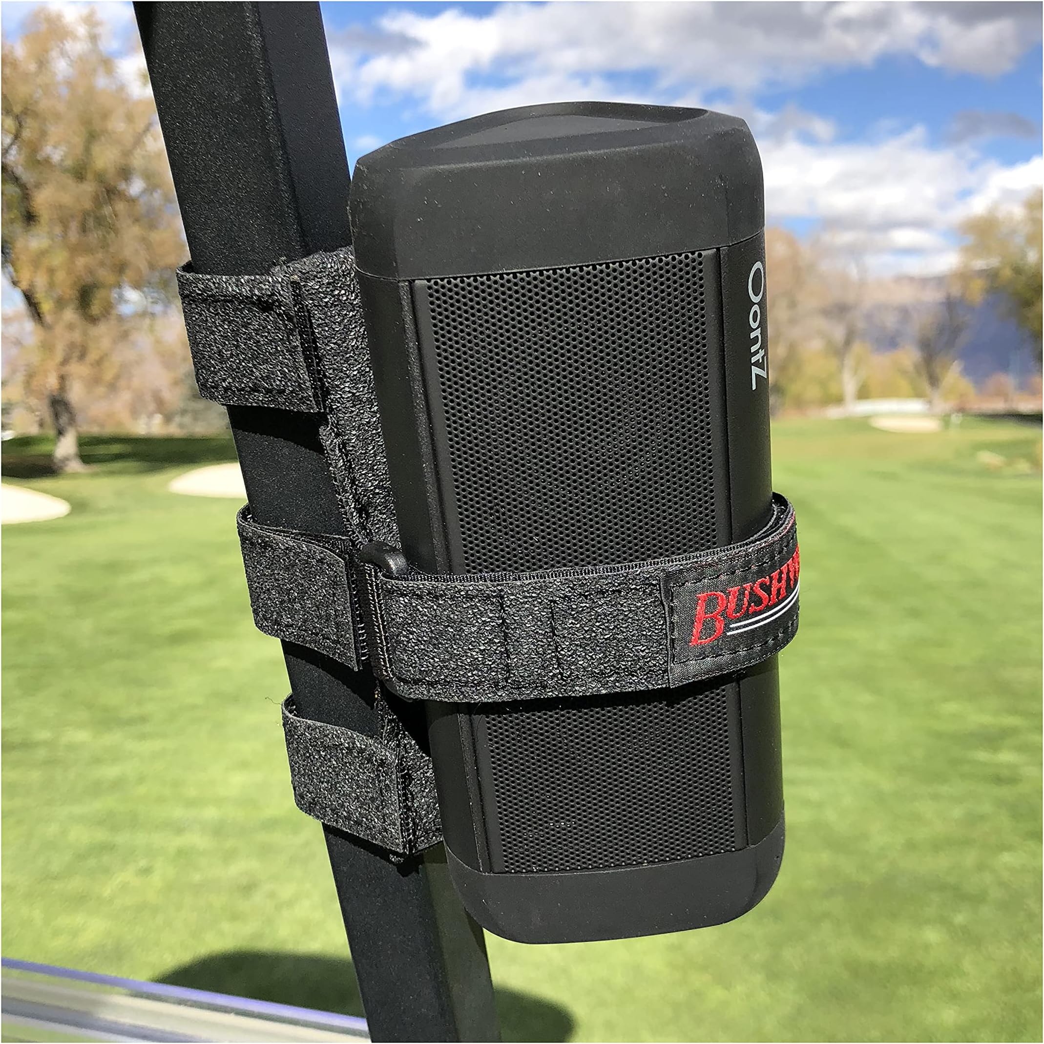 Bushwhacker The Portable Speaker Mount for Golf Cart Railing - Adjustable Strap Fits Most Bluetooth Wireless Speakers Attachment Accessory Holder Bar Rail
