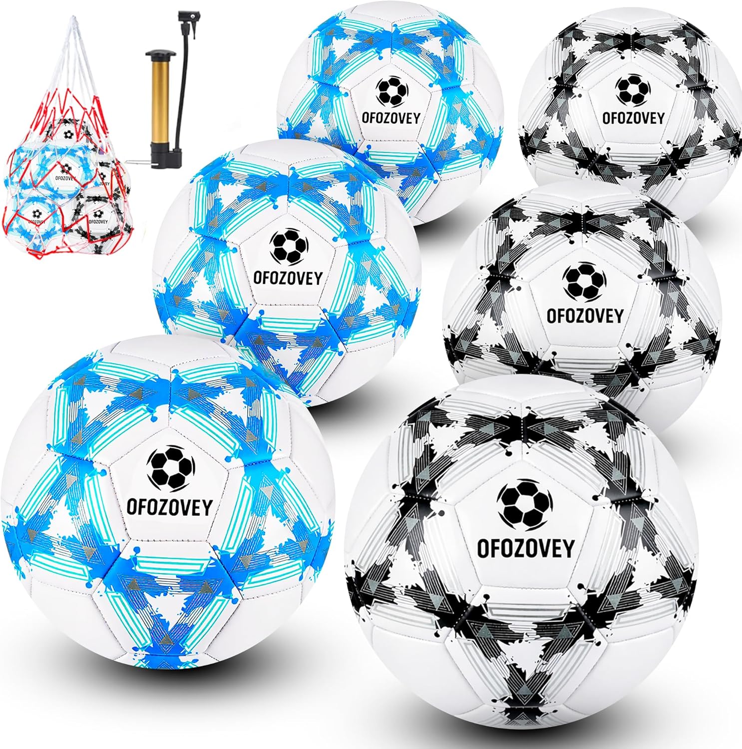 Soccer Ball Size 5 Six Pack,Classic Indoor Outdoor Soccer with 1 Pump 2 Net Bag and 2 Needle,Long-Lasting for Training, Games, Outdoor & Indoor Play,Ideal Gift for Boys Girls Youth Adult