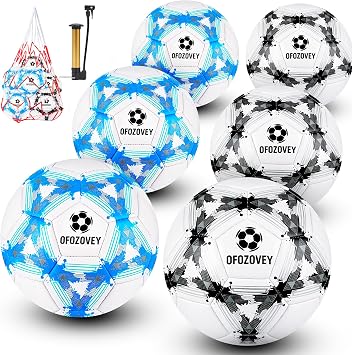 Soccer Ball Size 5 Six Pack,Classic Indoor Outdoor Soccer with 1 Pump 2 Net Bag and 2 Needle,Long-Lasting for Training, Games, Outdoor & Indoor Play,Ideal Gift for Boys Girls Youth Adult
