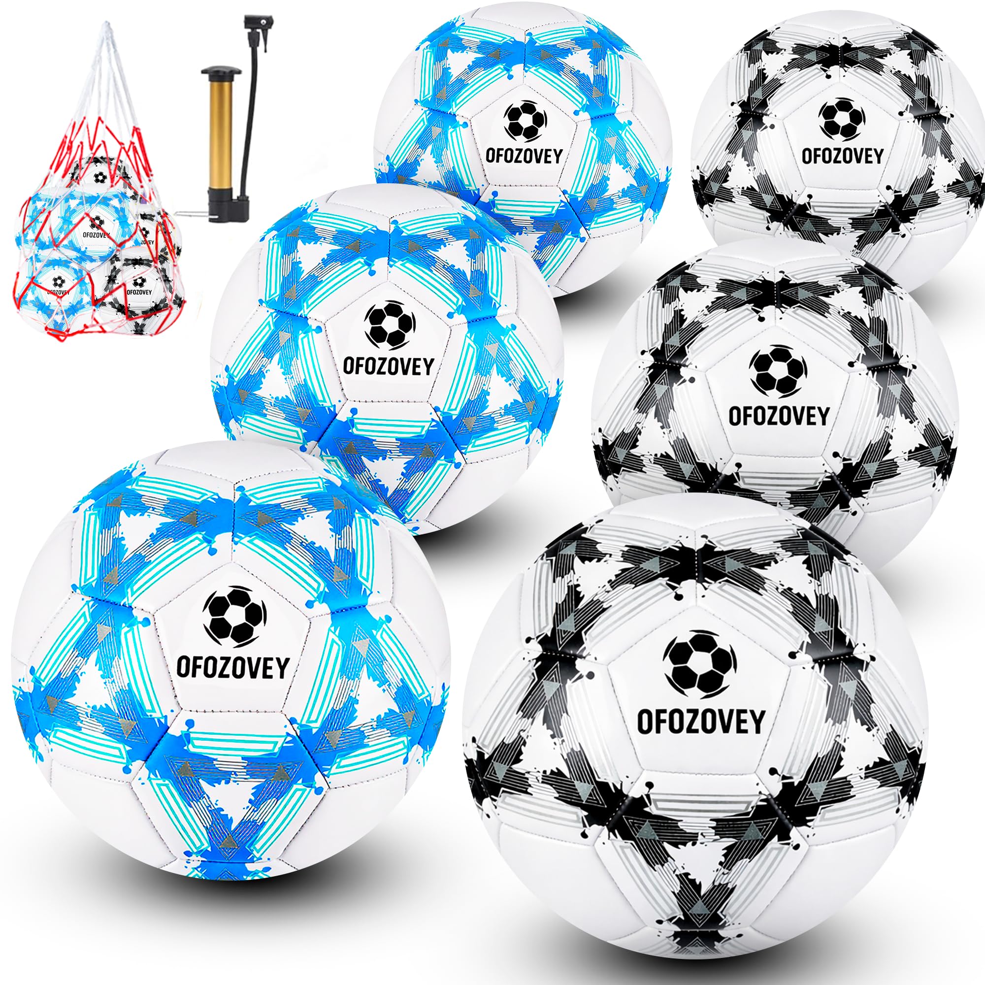 Pallone da calcio misura 5, confezione da sei pezzi, classico calcio indoor outdoor con 1 pompa, 2 sacchetti a rete e 2 aghi, lunga durata per allenamento, giochi, giochi all'aperto e al
