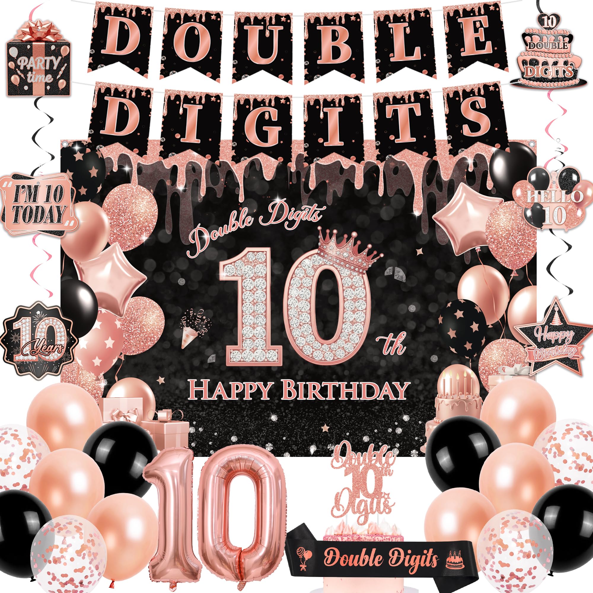 Double Digits 10th Birthday Decorations - Black Rose Gold Happy 10th Birthday Backdrop Banner Balloons, Hanging Swirls Cake Topper and Sash for Girls 10 Year Old Party