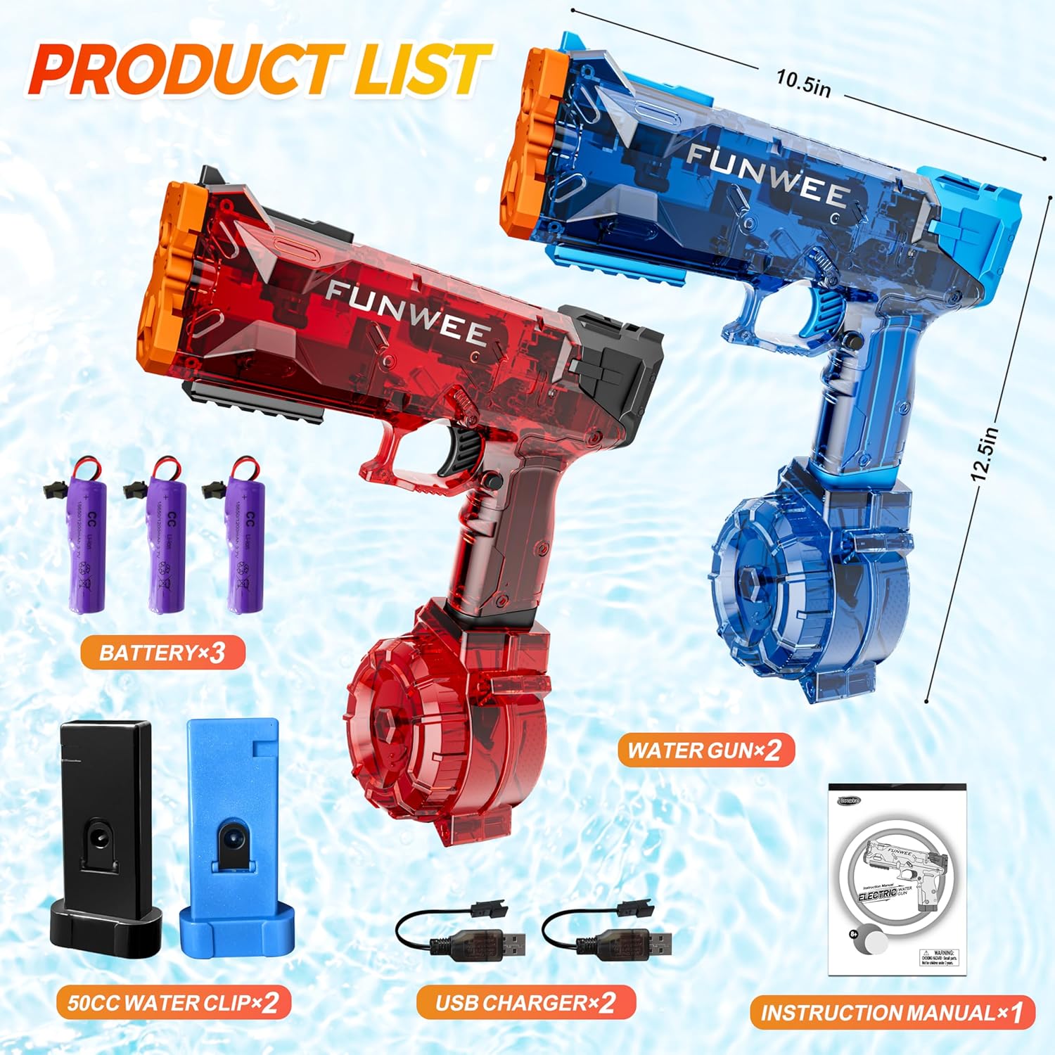 Funwee 2025 New Upgrade 2 Pack Electric Water Guns, Light Up Full Automatic Squirt Gun High Capacity 500+ Water Blasts, Long Range Water Blaster Soaker, Outdoor Pool Auto Water Toy for Adult Kid