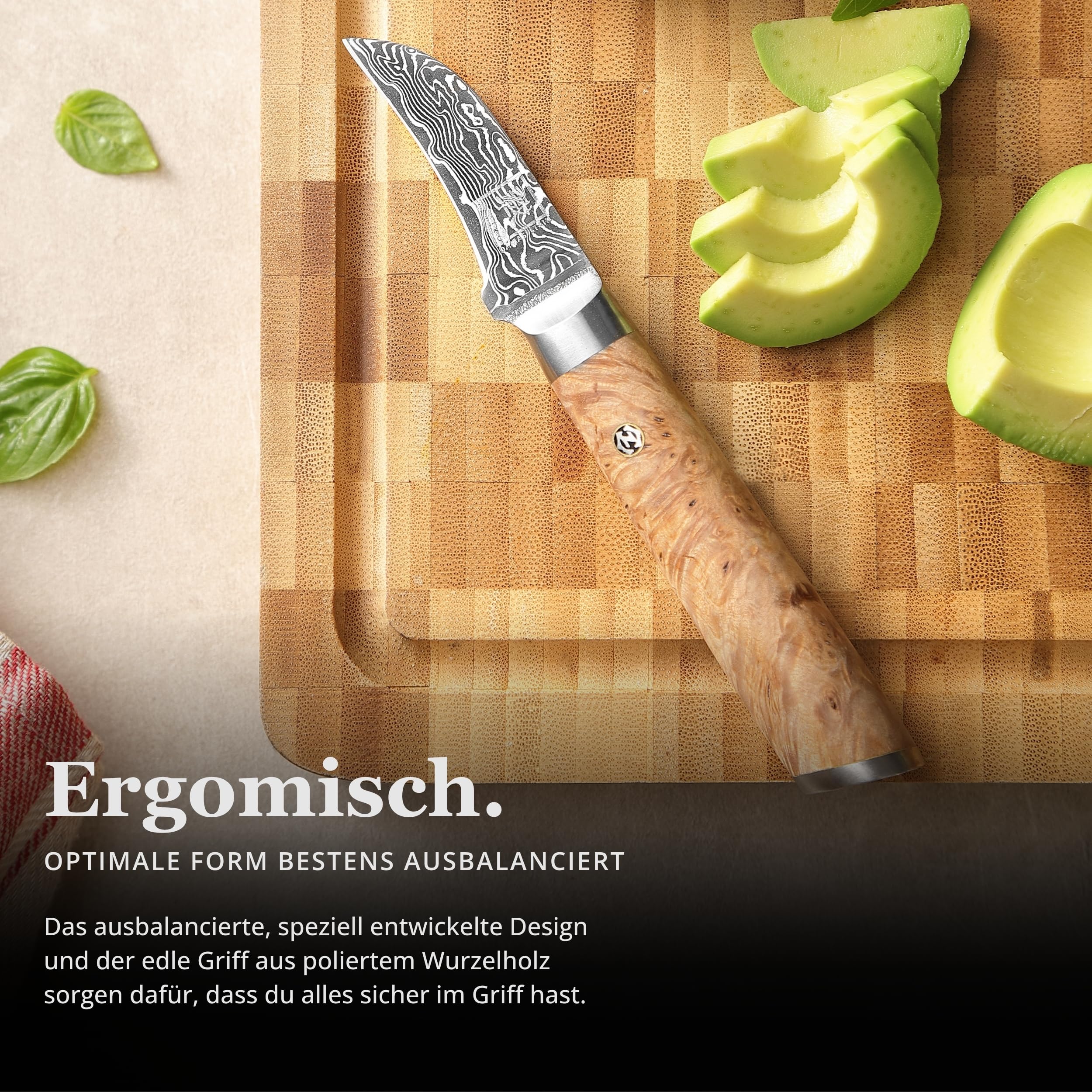 zayiko Kinone Schälmesser 6 cm, 67 Lagen Damaststahl, VG10 Kern, 60 ± 2 HRC | Dunkles Klingenfinish, Birkenwurzelholzgriff, beidseitiger 15° V-Schliff, zum Schälen, Putzen und Tournieren, mit Geschenkbox