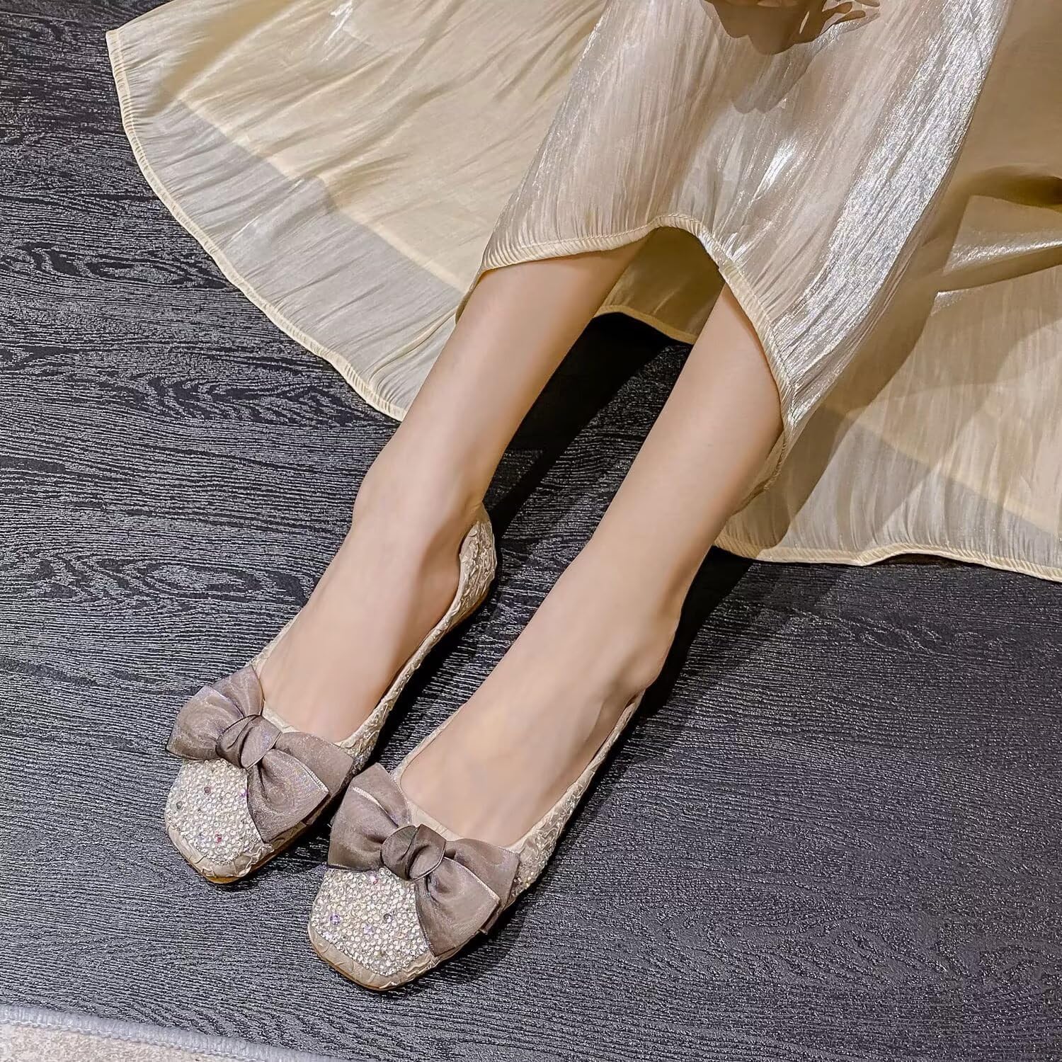 SAILING LU Square Toe Flats Shoes Rhinestoned Bowknots Ballet Flats for Women Studded Dress Shoes Comfort Light Weight Loafers - Image 2