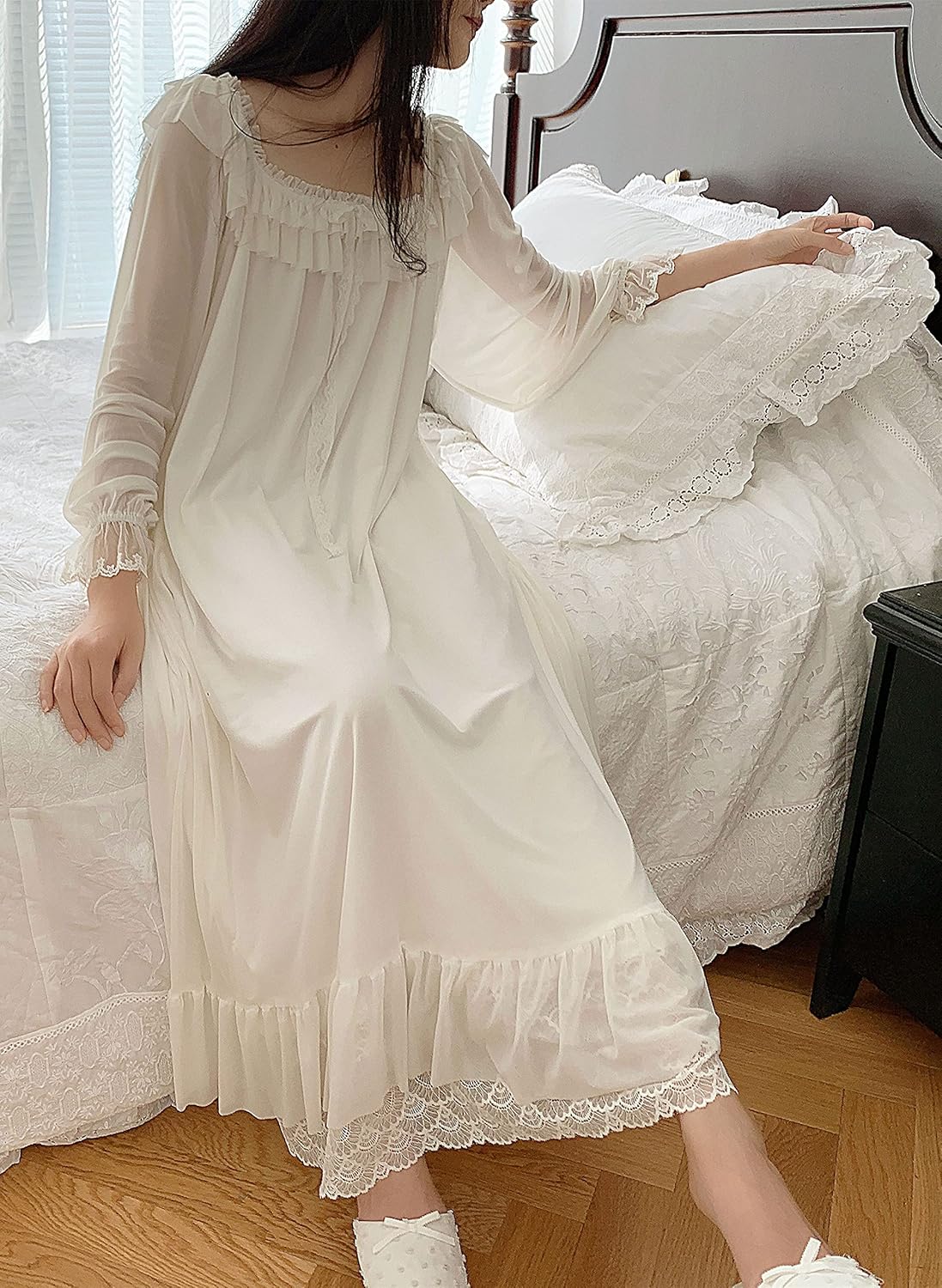 Women's Lace Vintage Victorian Nightgown Long Sleeve Sleepwear Nightdress - Image 5