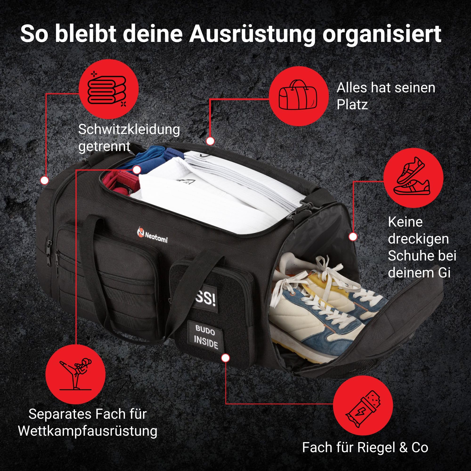Kampfsport Sporttasche 50L mit Nassfach & Schuhfach – Judo, BJJ & Karate Trainingstasche für Gi, Schützer & Wettkampf | robuste Trainingstasche mit Organisationsfächern