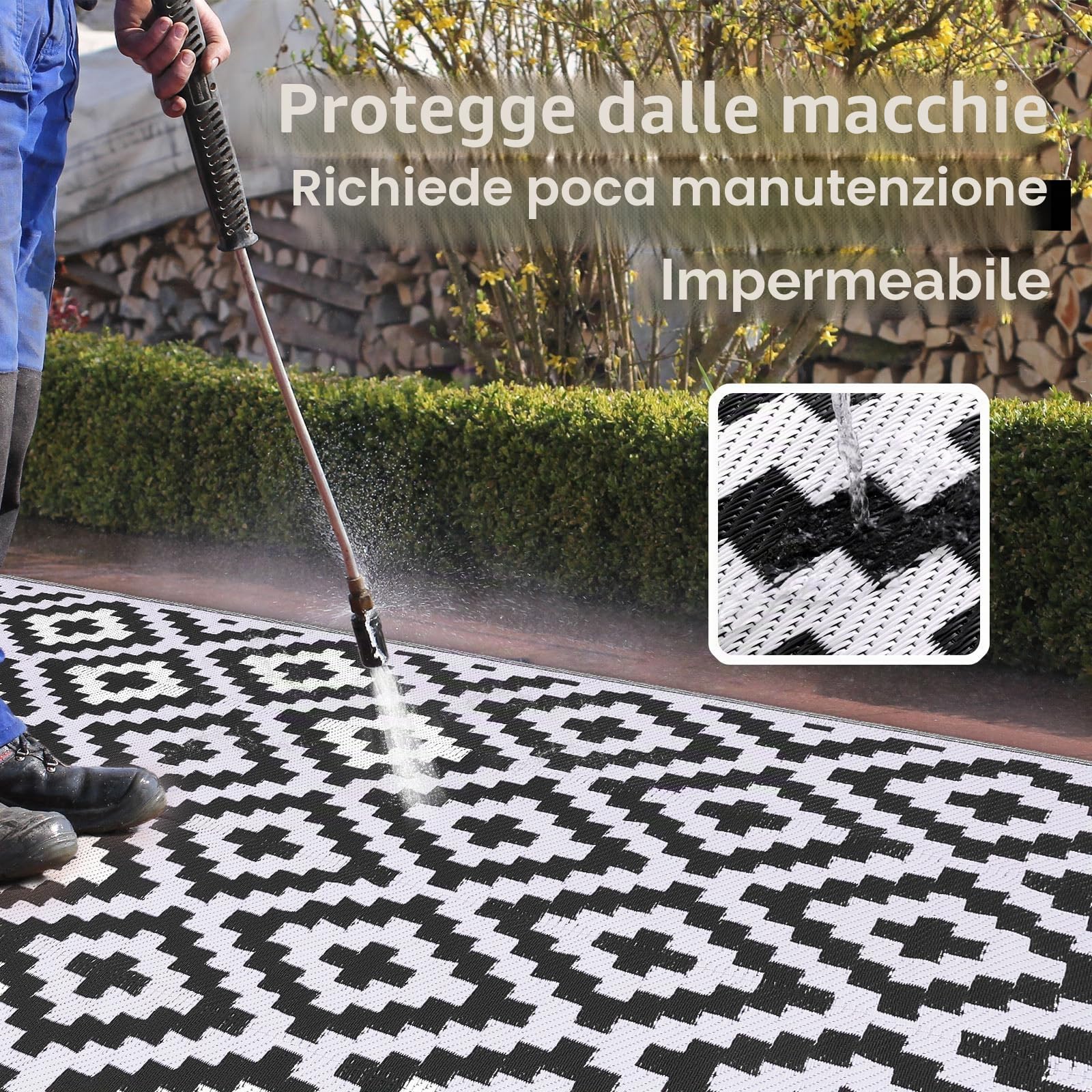 Homaxy Tappeto per esterni, resistente alle intemperie e raggi UV, lavabile, per balcone, giardino, terrazza, campeggio e picnic, 150 x 240 cm, nero e bianco