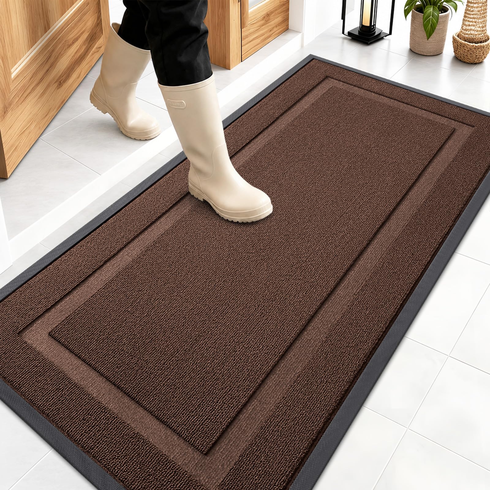 OLANLY Front Door Mat Outside 47x23, All-Season Heavy-Duty Rubber Doormat | Chocolate Brown, Absorbent, Stain and Fade Resistant, Non-Slip Backing, Low-Profile Indoor Outdoor Floor Mat for Entryway