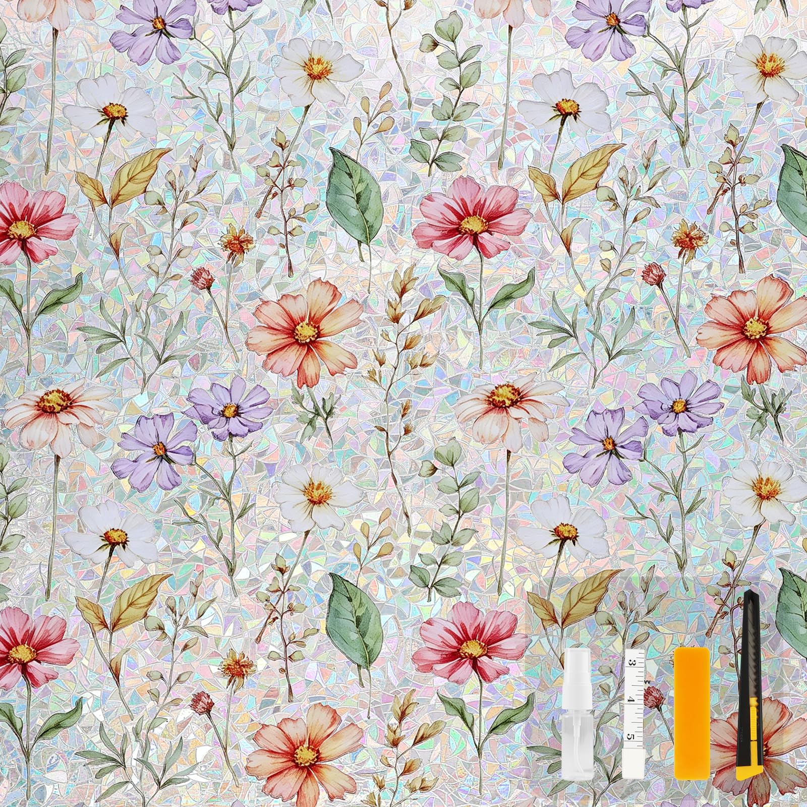 OFHome Stained Glass Rainbow Window Film Privacy With Tools, 90x400cm