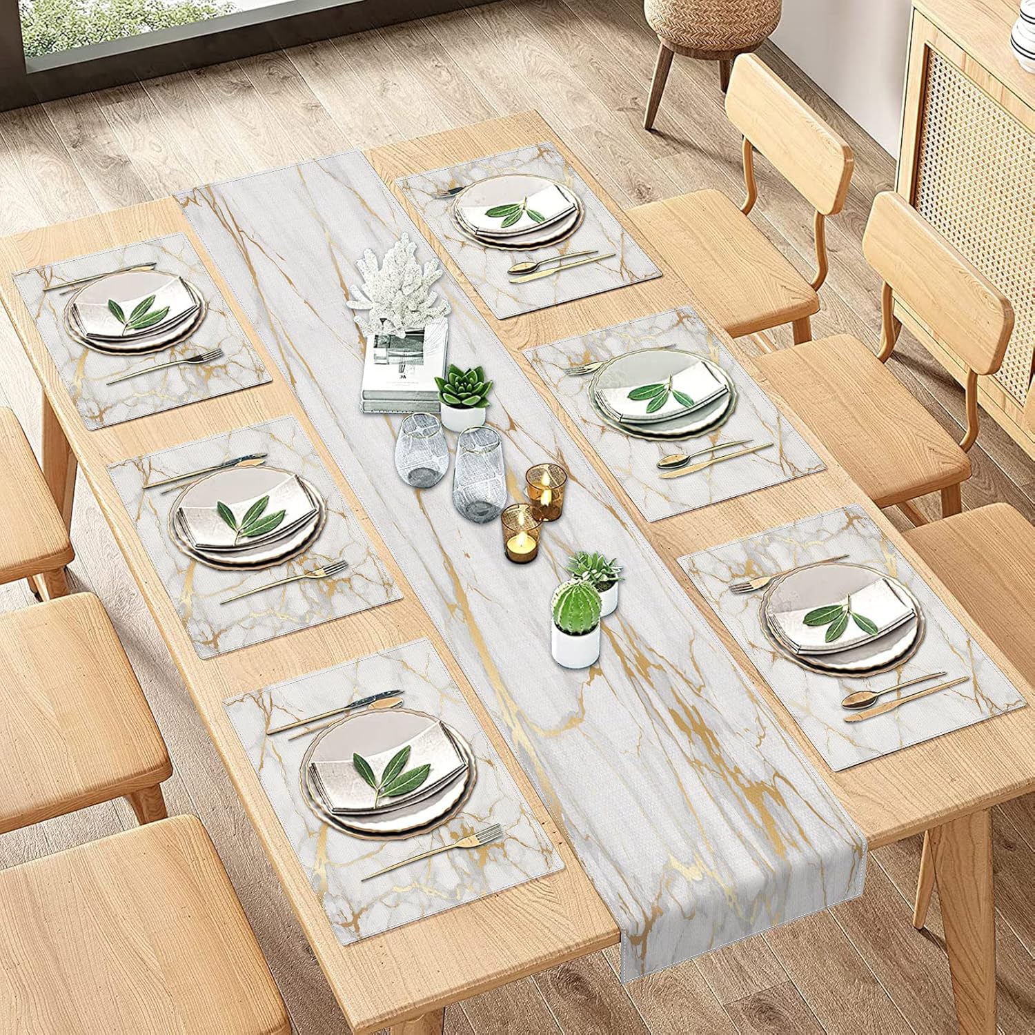 ArtSocket Marble Table Runner and Placemats Set of 6, Gold