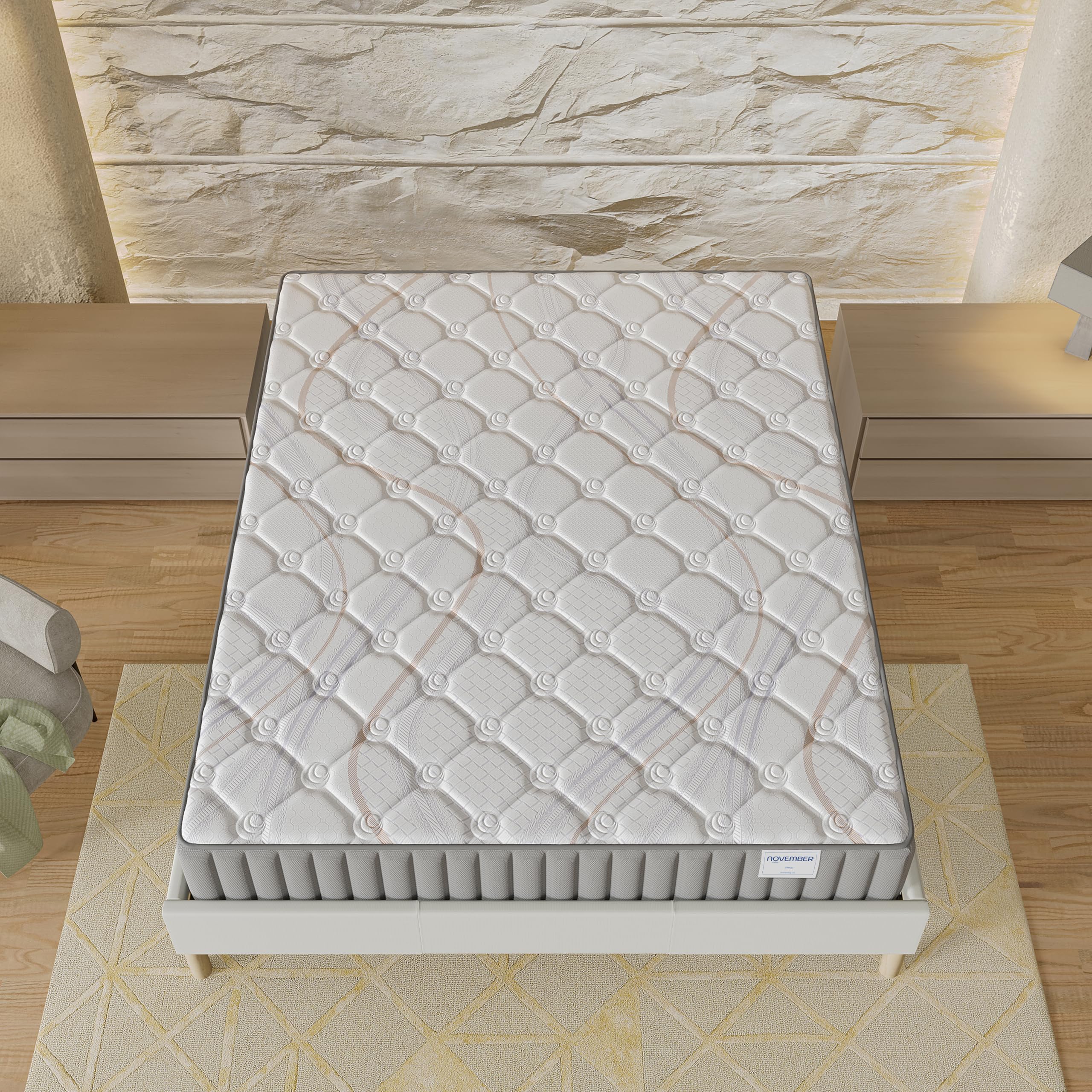 NOVEMBER- Ensemble Matelas + sommier (120 x 190cm) - Matelas Sirius Latex Naturel & Mousse Haute Densité d’épaisseur 16cm + Sommier Bois Stable & Robuste revêtement Tissu Blanc