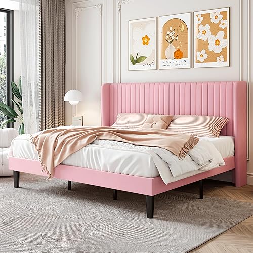 Miniatura 14 de SHA CERLIN Base de cama de terciopelo tamaño Queen con cabecera de respaldo alto con capitoné de canales verticales, cama de plataforma tapizada con