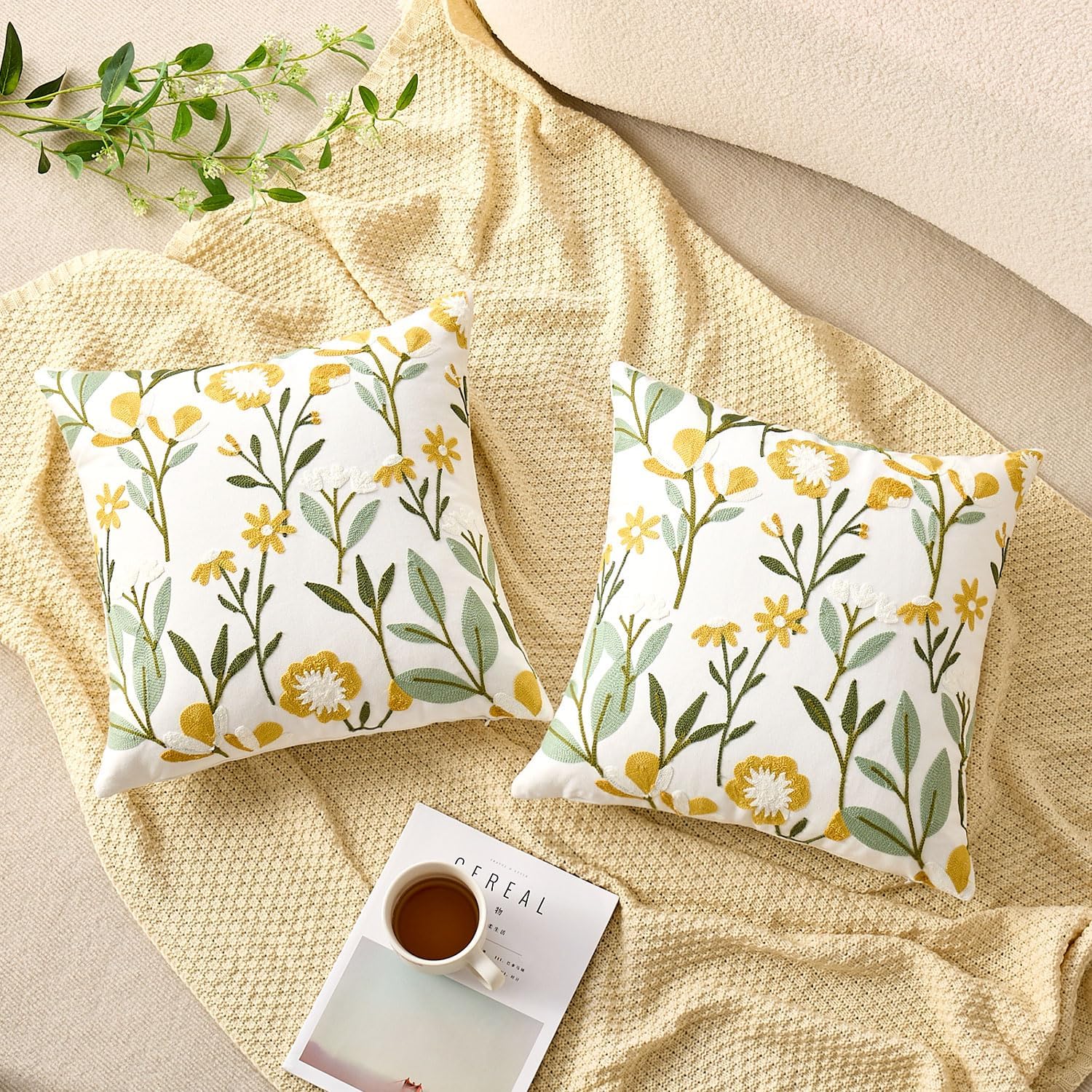 Embroidered Floral Throw Pillow Covers Flowers Decorative Couch Pillow Covers Farmhouse Green Floral Tufted Pillow Covers 18x18 Square Cushion Cases Set of 2 for Living Room Couch Sofa Bed Home Decor