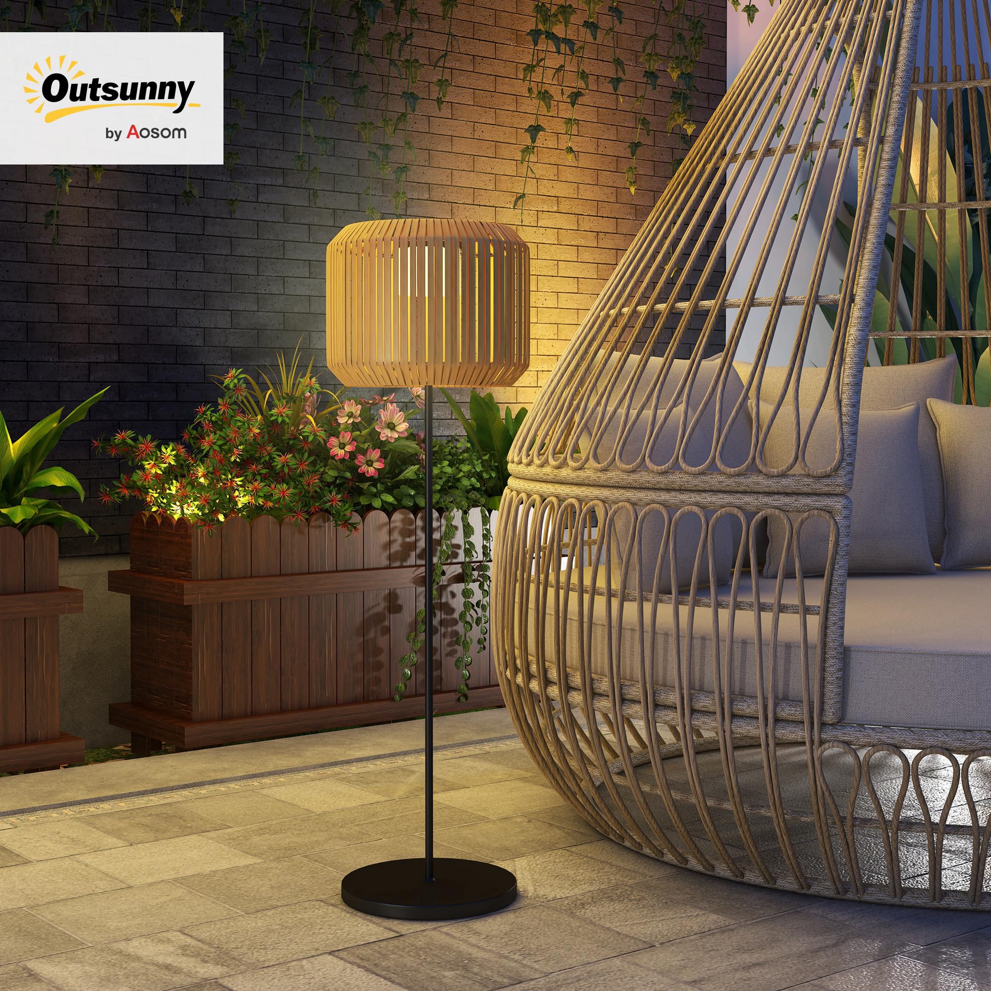 Outsunny Lampada Solare da Giardino con LED a Illuminazione e Accensione Automatica, Lampada da Esterno in Rattan PE e Acciaio, Ø34x130 cm, Giallo