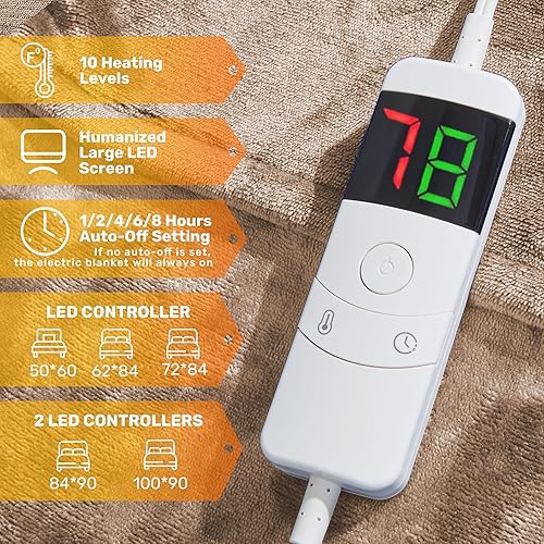Miniatura 3 de Manta eléctrica de franela tamaño matrimonial con controladores de calefacción doble de 10 controladores, manta térmica de calentamiento rápido para