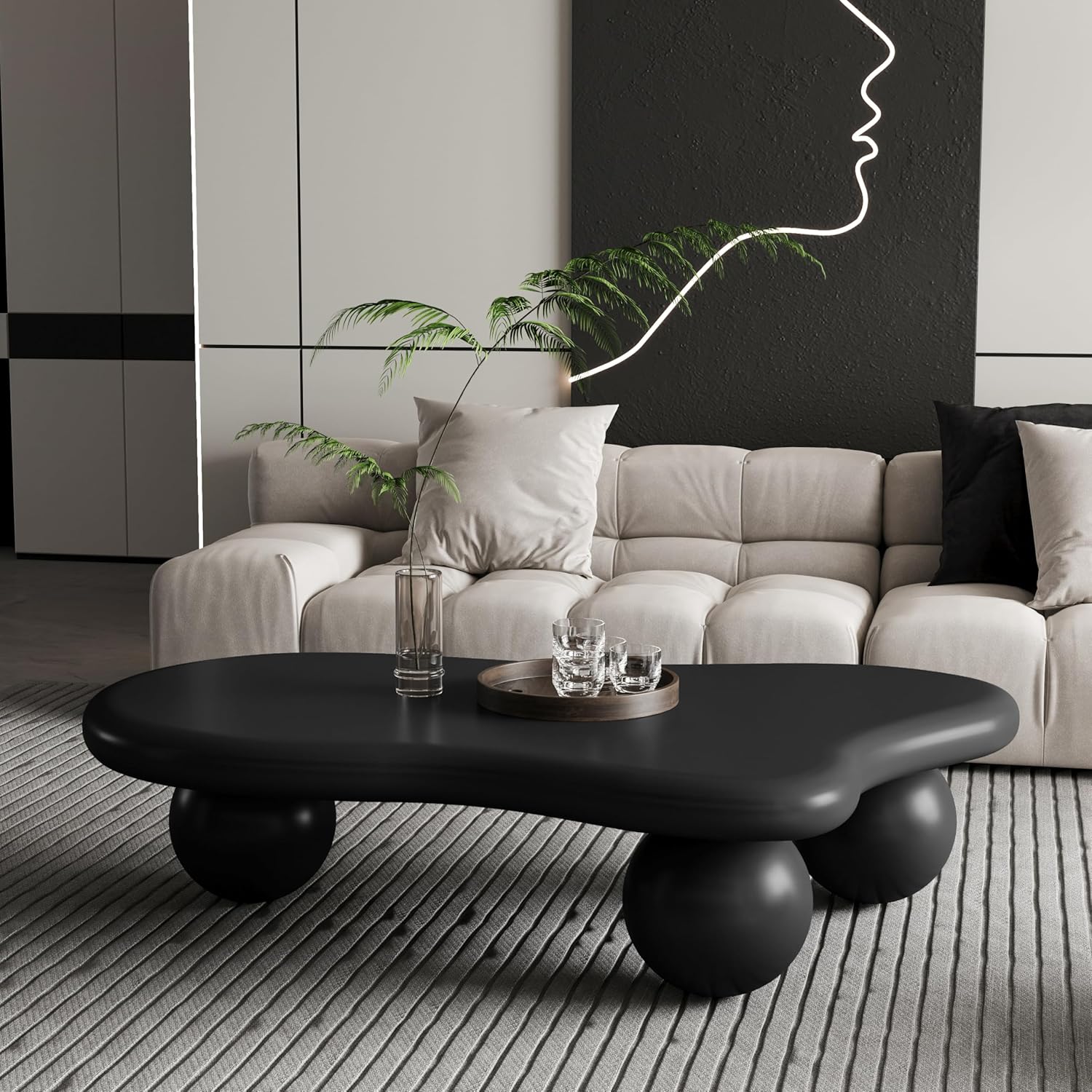 LUMISOL Cloud Coffee Table, 47 Inch Cloud Shaped Coffee Table with 3 Ball Legs, Irregular Cloud Shaped Center Table for Living Room, Black