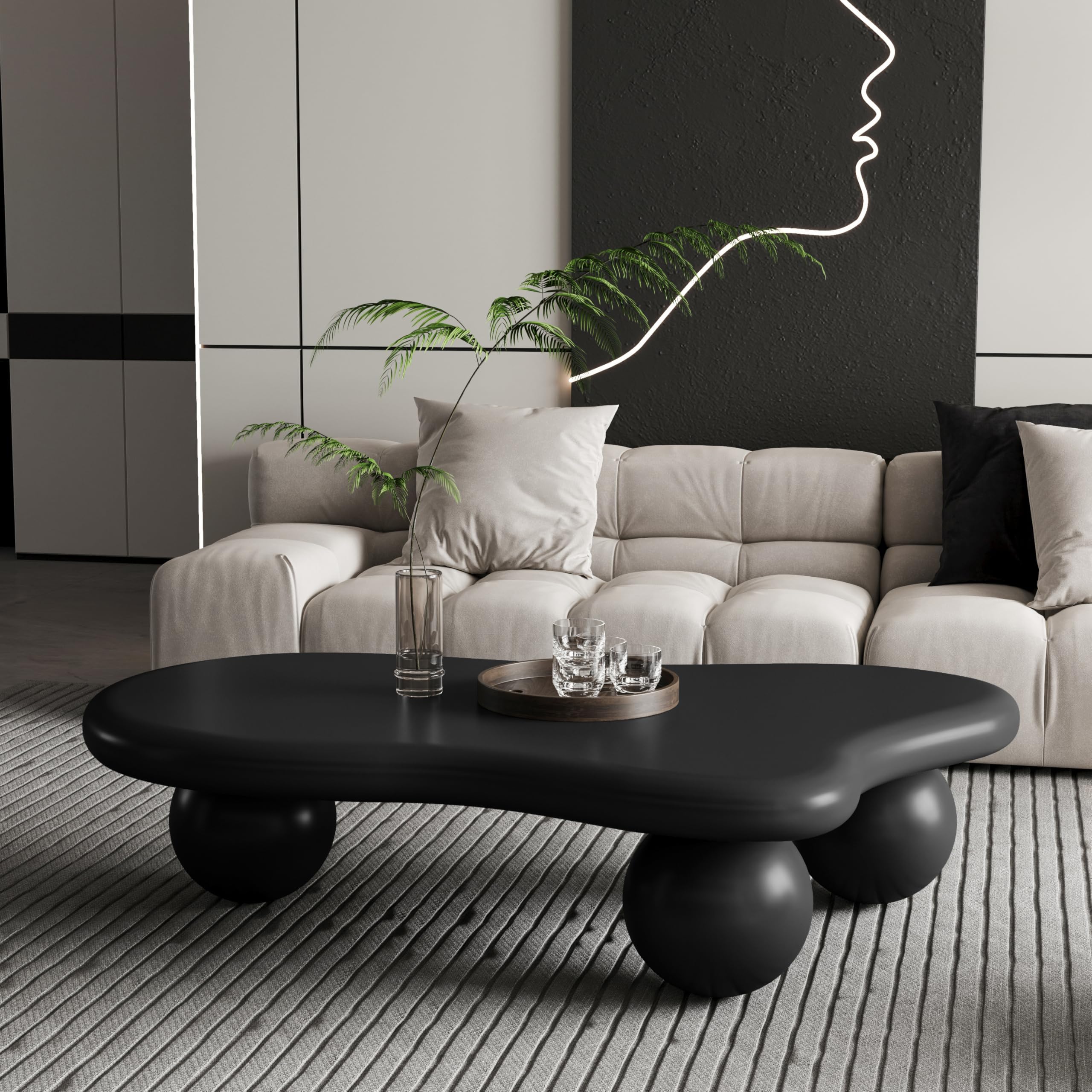 47" Cloud Coffee Table, Cloud Center Table with 3 Ball Legs, Modern Coffee Table for Living Room, Irregular Center Table with Round Edges,Black