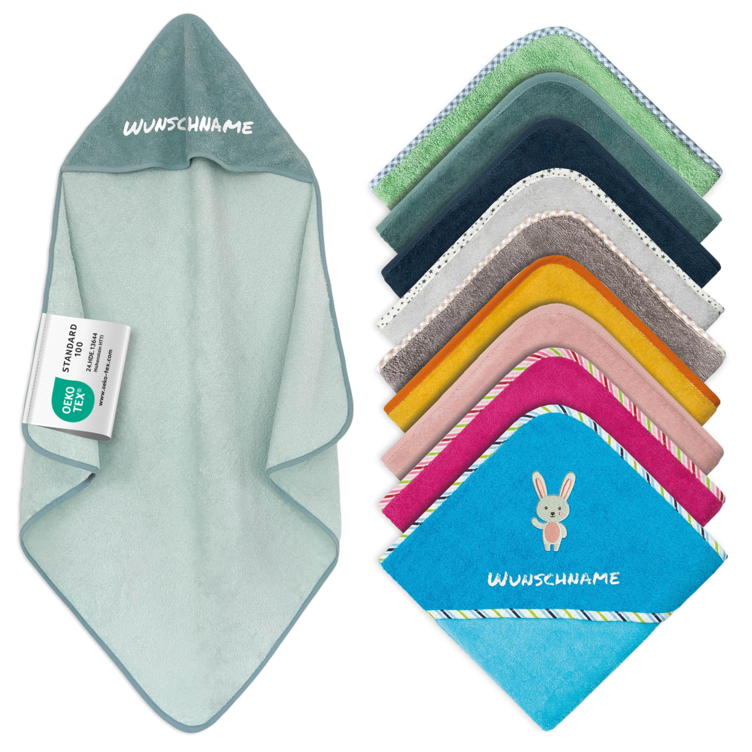 Asciugamano con cappuccio per neonato con nome ricamato, Oeko-TEX® Standard 100 - Asciugamano personalizzato per neonato con cappuccio in pura cotone con ricamo di nome e motivo (Menta, 80 x 80 cm)